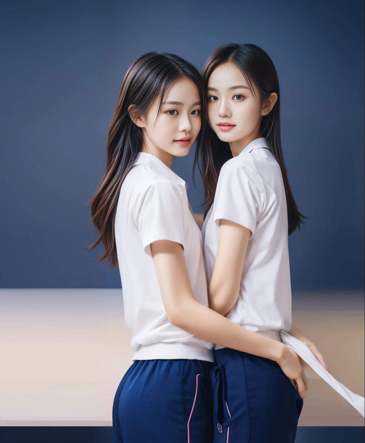 (best quality,10,10,height,Masterpiece:1.2),Special details,(realistic,ภาพrealistic,Realistic photos:1.37),1 Cute girl in the kitchen,shiny, ผิวshiny,only,smile softly,BDclothelue shirt:1.3)),short sleeve,shirt, กางเกงขาlong.,(navy_long_track pants:1.1), ((Kitchen Background)),Dynamic angle,excited,Face focus,dynamic poses,from behind,focus on ass,Masterpiece, best quality, ultra realistic, Too many details, 8k resolution, raw photos, Sharp focus, ((Navy blue shirt:1.1)), short sleeve, เส้นทางlong, perfect body, 2 mature women, 18 years old, Cinema-grade lighting system,blue sweatpants,shirtผ้าออกกำลังกาย,correct anatomy,perfect body, correct body, Sharp face, correct bodyทางกายวิภาค, full body, realistic gestures, long-haired, realistic poses,Wear long shorts...........................,ช่วงขาlong,Good shape,carved girl, Slender figure, model, Good shape, beautiful body,blue sweatpants, two girls kissing
