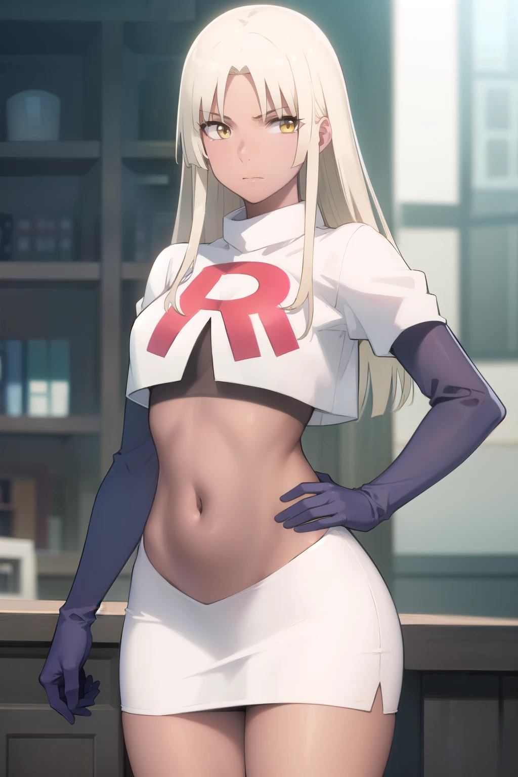 photorealistic, (4k), depth of field, (Masterpiece), (realistic skin texture), extremely detailed, intricate, hyper detailed, professional photography, high resolution, sharp detail, best quality, woman, tanned skin, long hair, blonde hair, yellow eyes, , solo, team rocket,team rocket uniform, red letter R, white skirt,white crop top,black thigh-highs,black elbow gloves