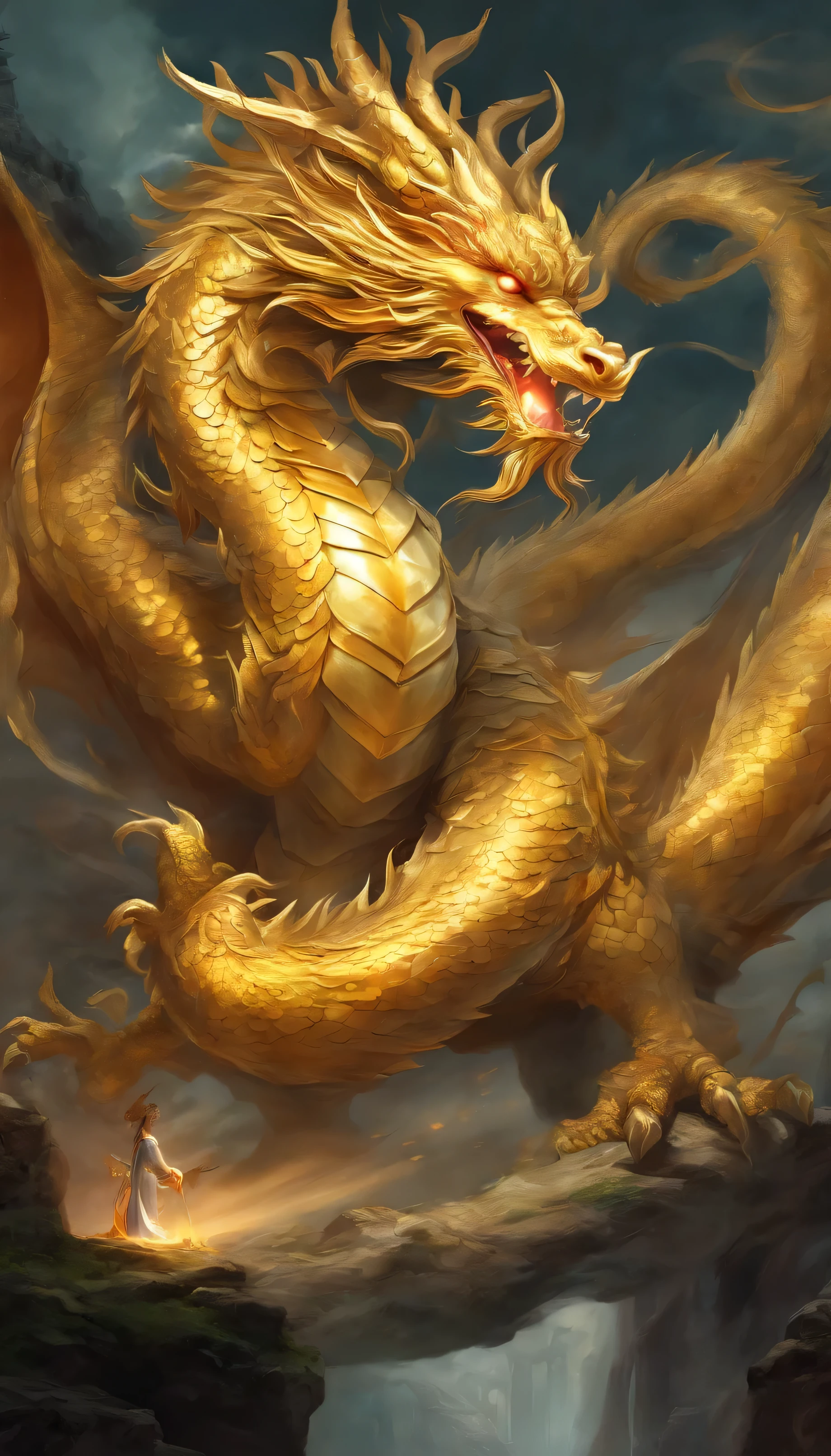(best quality, high resolution:1.2), (Realistic,fotorrealista:1.37), fundo preto, A Chinese dragon with seven heads emerges from the darkness, Torneira frontal，Olhos vermelhos fracos, detalhes intrincados, ((front view:1.4)),((Golden:1.4))