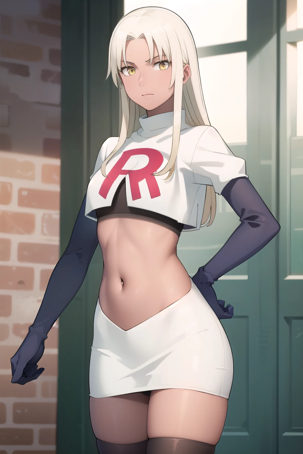 photorealistic, (4k), depth of field, (Masterpiece), (realistic skin texture), extremely detailed, intricate, hyper detailed, professional photography, high resolution, sharp detail, best quality, woman, tanned skin, long hair, blonde hair, yellow eyes, , solo, team rocket,team rocket uniform, red letter R, white skirt,white crop top,black thigh-highs,black elbow gloves