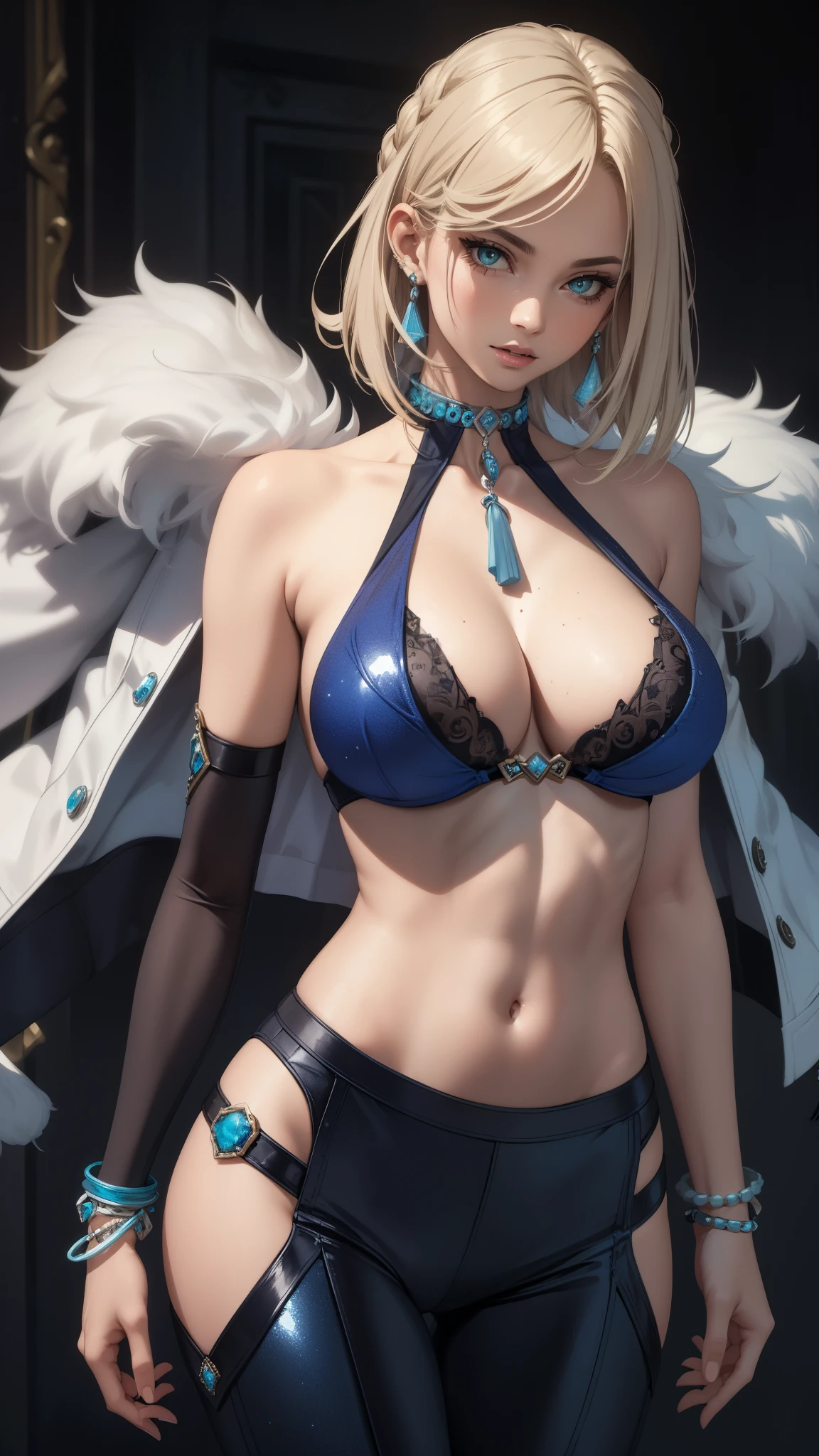 Best quality, masterpiece, realistic, Beautiful sexy cool tall, slim, fit woman, wearing sexy short fancy silver-blue sequin bikini top and black tight pants, midriff, intricate and highly detailed, big breasts, deep cleavage, bob blonde hair, body chain, jewelry.