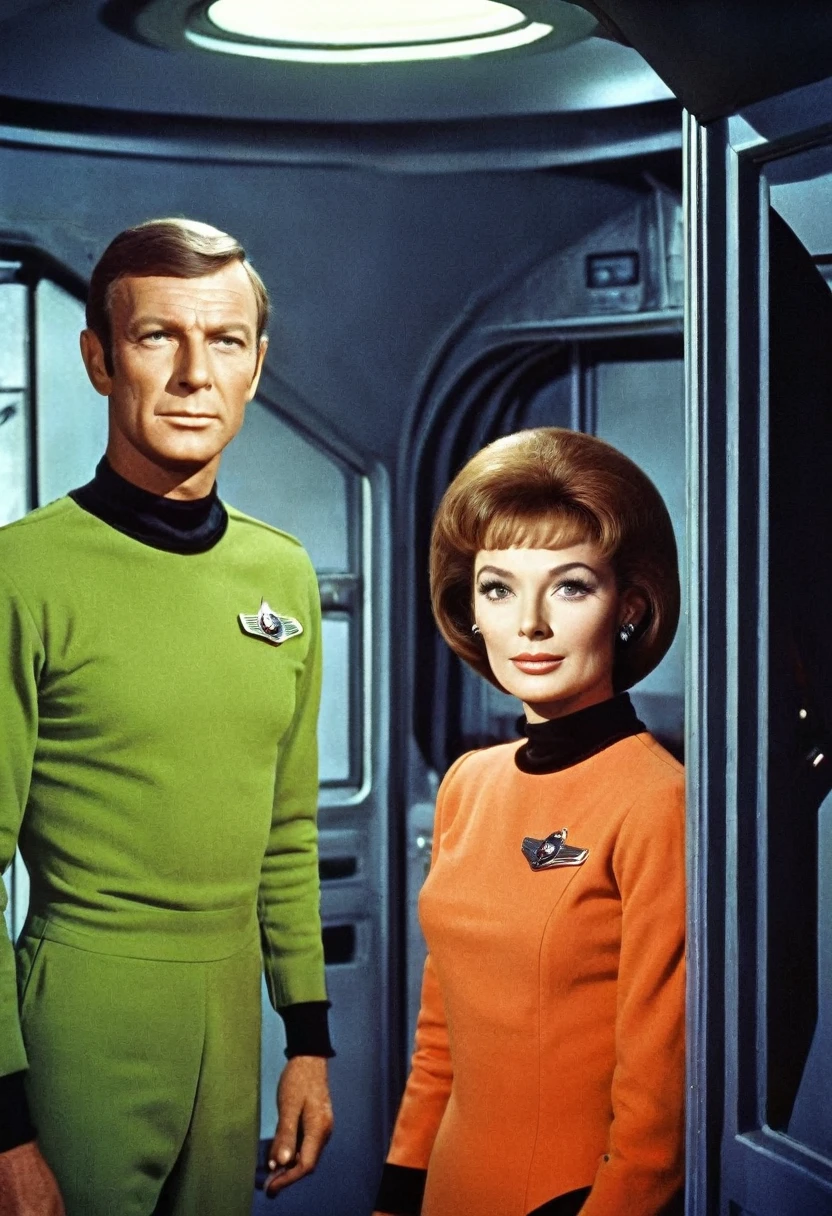 (((INNER IMAGE of a spaceship))) Internal image of an old starship from a 1960s TV series, Lost in Space, Republic series, Irwin Allen TV Show, science fiction, Star style colorful uniforms Trek and Lost in Space, retro look, Vintage, old style, PERFECT FACES like actors from the 1960s, ((PERFECT FACES)), large, very colorful internal set, ((PERFECT FACES)), crew, enhanced faces, alien, robot, Science Fiction, TV studio lighting, old style image, TV series style, (((inside doors)))