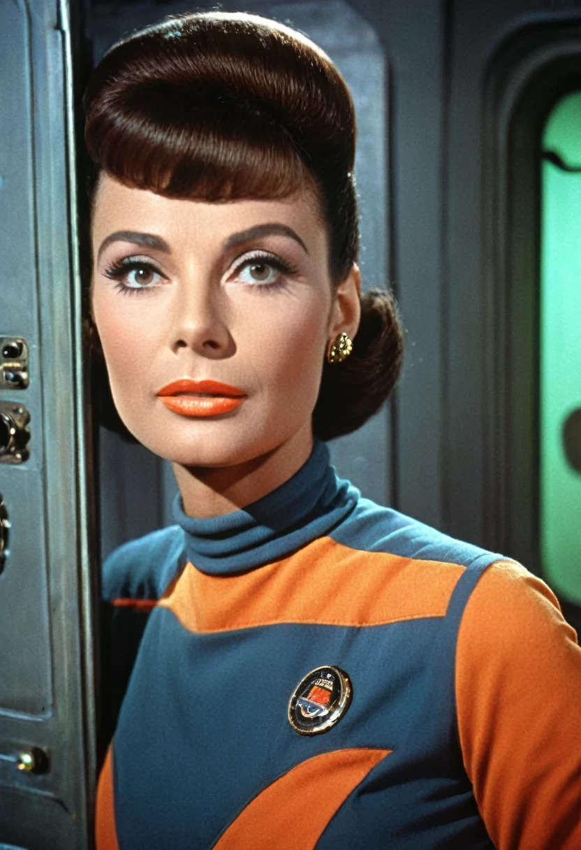 (((INNER IMAGE of a spaceship))) Internal image of an old starship from a 1960s TV series, Lost in Space, Republic series, Irwin Allen TV Show, science fiction, Star style colorful uniforms Trek and Lost in Space, retro look, Vintage, old style, PERFECT FACES like actors from the 1960s, ((PERFECT FACES)), large, very colorful internal set, ((PERFECT FACES)), crew, enhanced faces, alien, robot, Science Fiction, TV studio lighting, old style image, TV series style, (((inside doors)))