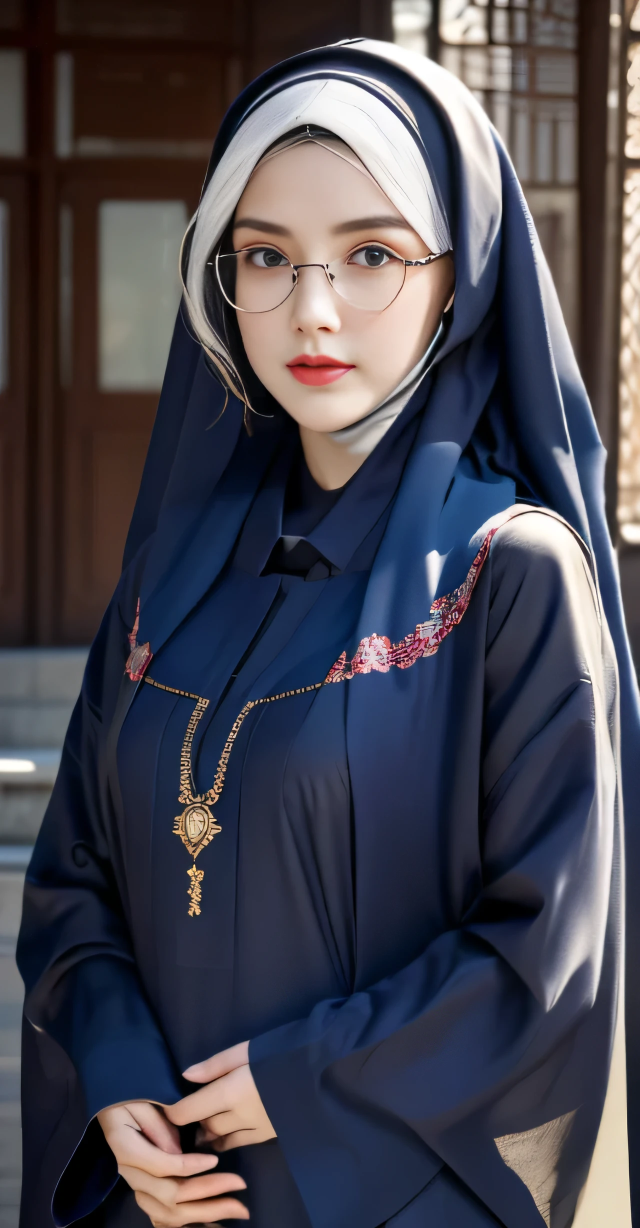 ((Best quality,8k,Masterpiece)),same face photo,{Some people},same face photo,people in background,(best quality,4k,8k,highres,masterpiece:1.2),((  (beautiful Korean hijab pasmina))), photo of the same face,((full body photo)), very detailed, detailed eyes, facial beauty, facial shine, glasses, round glasses, detailed eyes, Korean eyes, (realistic, photorealistic,  photo-realistic:1.37), 17 years old girl, thin lips, small lips, red lips, beautiful small lips), abaya, pasmina hijab abaya, pasmina hijab blue, beautiful korean asian girl, book, ( blue abaya ), arabic book  , Asian Korean hijab