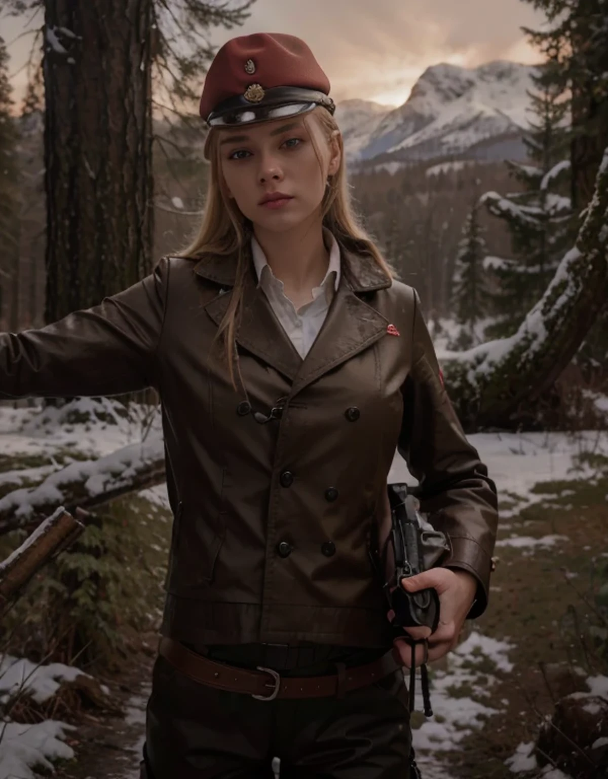 Beautiful young Soviet soldier woman, Latvian face, military hairstyle blonde hair, military hat, gloved hands, dark red uniform with black details, wears a pistol, belt with ammunition and transmitter, military boots, stands in a Polish forest, snowy day, red sky, 4k, Ultra detailed image, realistic, Highly detailed, perfect composition, splendid, Intricately detailed, incredibly detailed, Art photography 8K, hyper detailed, Masterpiece, Ultra detailed, hyper realistic, 4k, Ultra detailed image, realistic, Highly detailed , perfect composition, splendid, Intricately detailed, incredibly detailed, 8k fine art photography, hyper detailed, Masterpiece