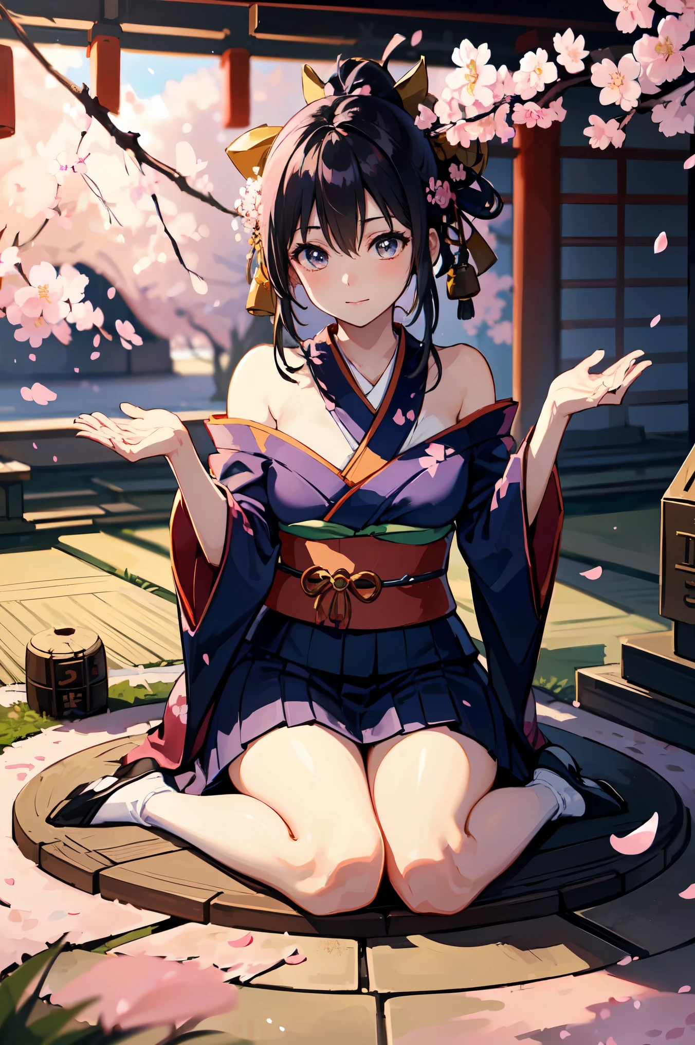 official art, unity 8k wallpaper, Super detailed, beautiful beautiful, masterpiece, highest quality, (tangleた, tangle, tangle), 1 girl, black haired,ponytail、 Japanese, bare shoulders, short skirt, calf, very detailed, dynamic angle, cowboy shot, (the most beautiful form of chaos), flowing, (bright colors), nffsw, (half: 1.2), Japanese style, (Tanka Hiku: 1.5), (ribbon: 1.3), (dream: 1.5), (Japanese style kimono: 1.5), japan phoenix、(laughter:0.5)、(Japanese god)、Sakuya、((((Cherry blossom petals are dancing))))、pray、(((girl sitting on a stump)))、(((Wariza)))、night view、(((Kimono with footprints)))