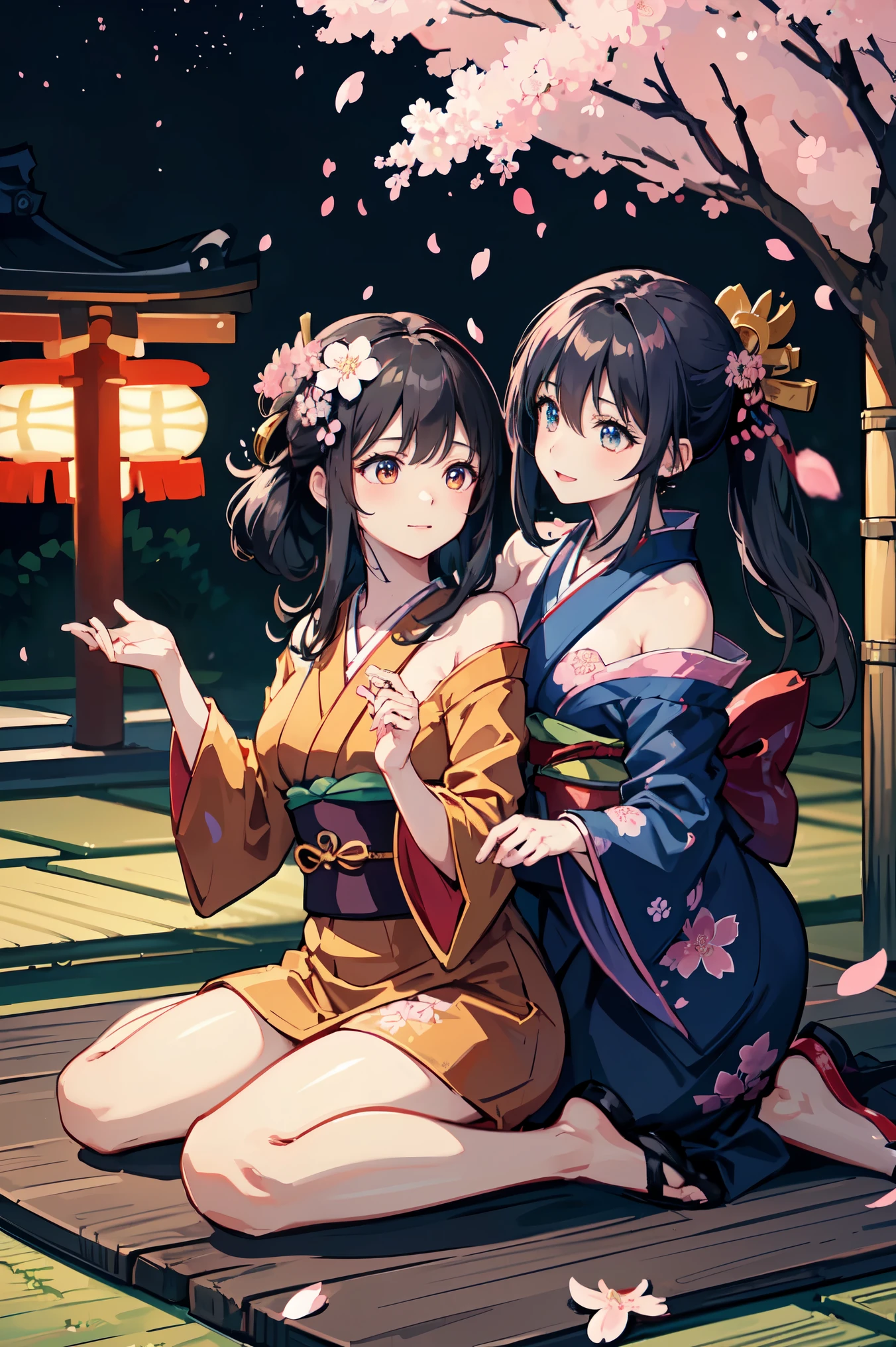 official art, unity 8k wallpaper, Super detailed, beautiful beautiful, masterpiece, highest quality, (tangleた, tangle, tangle), 1 girl, black haired,ponytail、 Japanese, bare shoulders, short skirt, calf, very detailed, dynamic angle, cowboy shot, (the most beautiful form of chaos), flowing, (bright colors), nffsw, (half: 1.2), Japanese style, (Tanka Hiku: 1.5), (ribbon: 1.3), (dream: 1.5), (Japanese style kimono: 1.5), japan phoenix、(laughter:0.5)、(Japanese god)、Sakuya、((((Cherry blossom petals are dancing))))、pray、(((girl sitting on a stump)))、(((Wariza)))、night view、(((Kimono with footprints)))