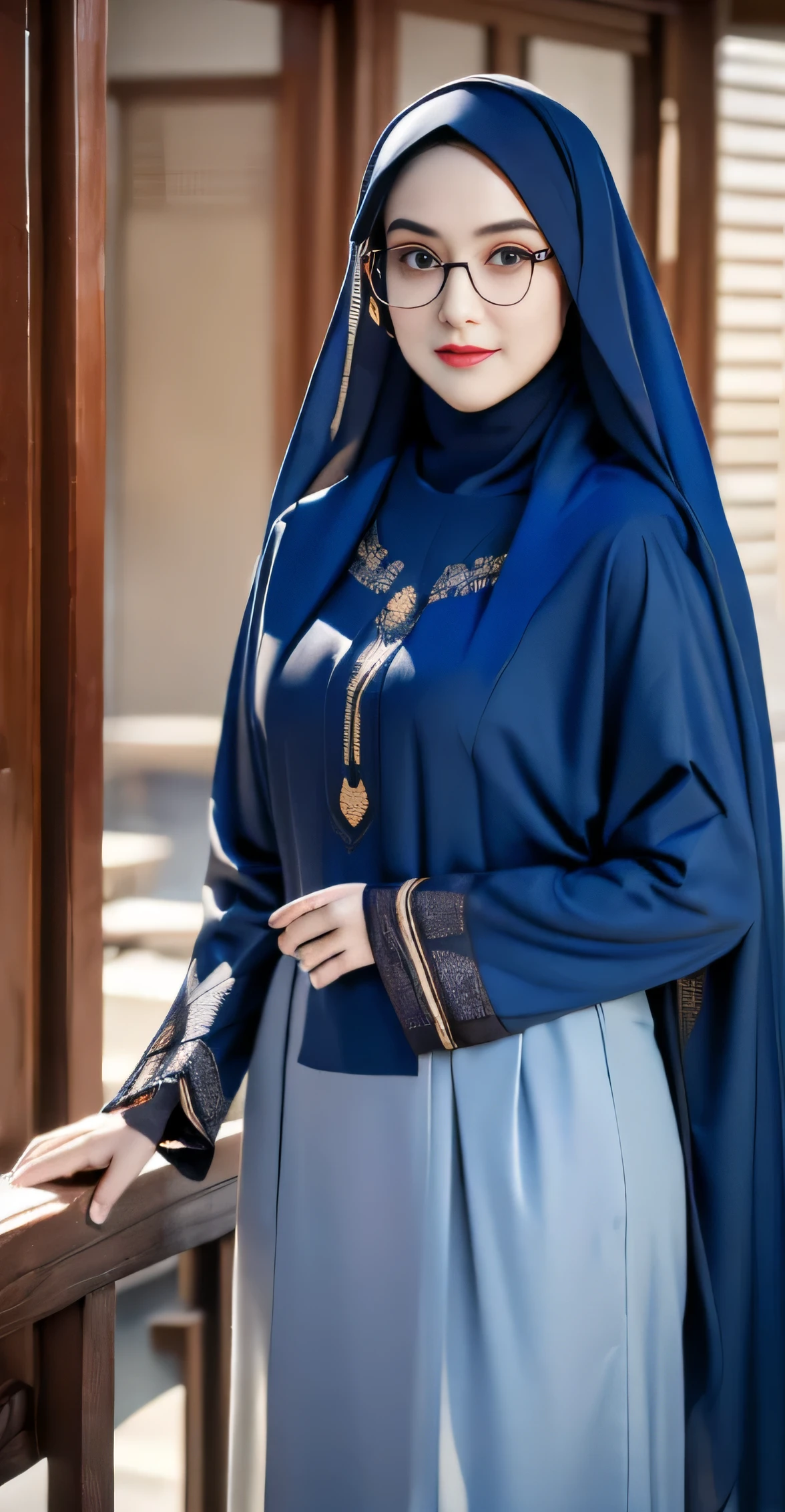 ((Best quality, 8k, Masterpiece)), same face photo, {Some people}, same face photo, people in background, (best quality,4k,8k,highres,masterpiece:1.2),(( (beautiful korean hijab pasmina))), photo of the same face,((full body photo)), very detailed, detailed eyes, facial beauty, cute sweet face, facial shine, glasses, round glasses, detailed eyes, Korean eyes,( realistic,photorealistic,photo-realistic:1.37),17 years old girl,thin lips,small lips,red lips,beautiful small lips),abaya,Pasmina hijab abaya,pasmina hijab blue,beautiful korean asian girl,book,(blue abaya ), Arabic books, Asian Korean Hijab
