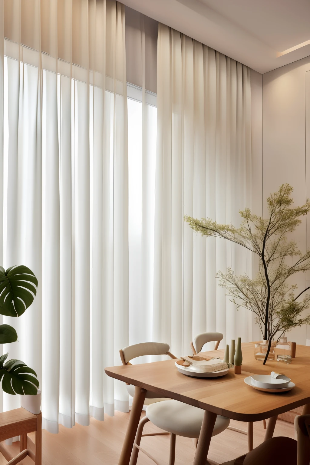 ((best quality)), ((masterpiece)), (detailed), Bright kitchen scene,Cream white soft furnishings,Wooden table top,White translucent curtain background,Dotted with greenery