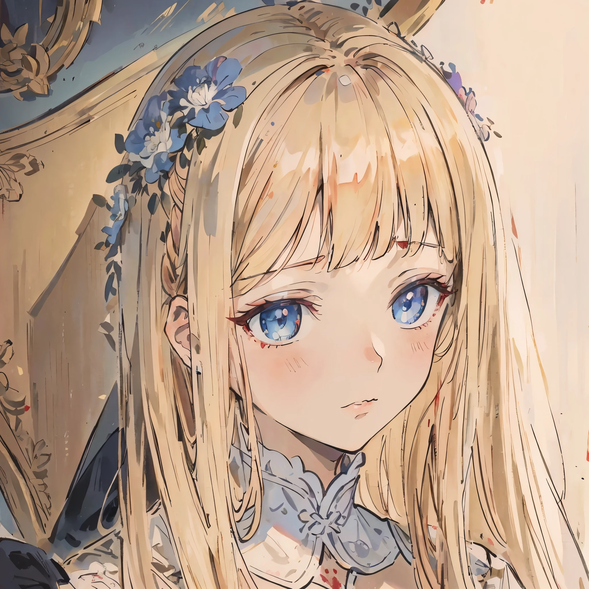 Virtuous person, Hair color is reddish brown, Mimosa color eyes, pinkish white skin, wearing a white dress stained with red blood, surrounded by a blood cloak, anime girl, medieval, Wear a mimosa flower crown