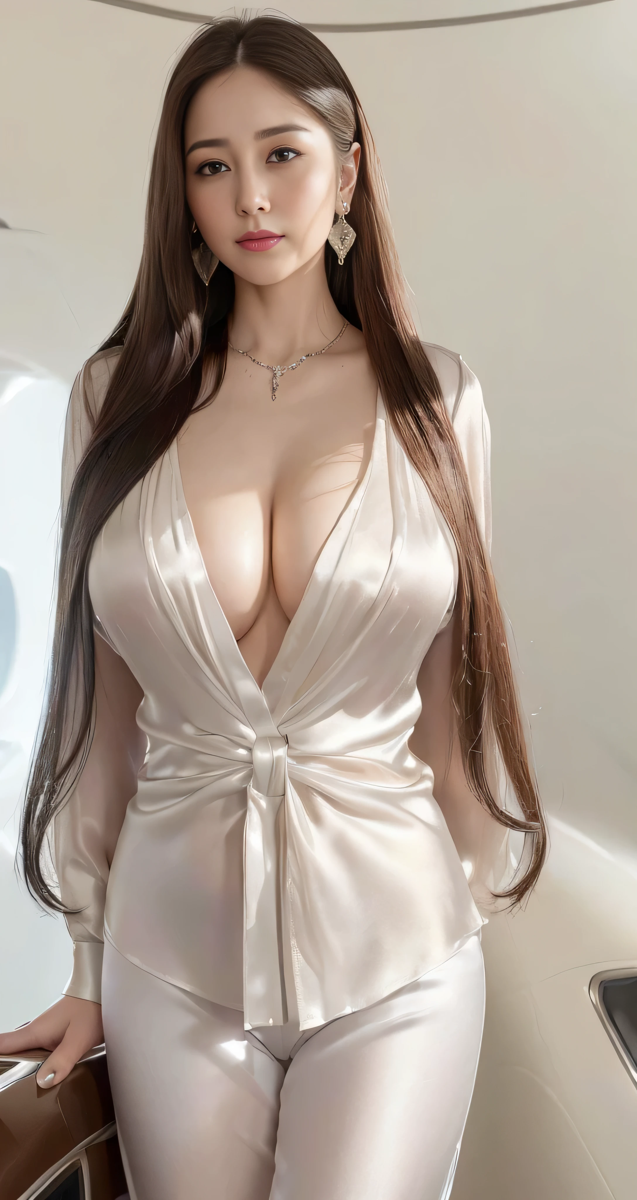 marian rivera、feet、enchanting smile、closed clothes、polite attire、beautiful face、Because I'm slender、abs:1.4、30 years old、((1 girl、alone))、((whole body))、((huge breasts:1.3))、Breastfeeding A.monastery、(64k、Raw photo、highest quality、Masterpiece 11.4)、(genuine、photogenuineistic:1.37)、(micro:1.4)、exposed、((diamond necklace))、earrings、Glamour、white skin、((at a luxurious venue)、 look at the audience、thick brunette hair、long hair、(illumination)、dynamic pose、((beautiful eyes)、erotic、HDR、very detailed、ambient occlusion、nature、harmonious composition、fine art photography、beauty、excellent anatomy、exposedの詳細(((Inside a Private Jet、indoor、super detailed background:1.2))(((long straight hair_Hair reaching down to the waist:1.3))((A bewitching beautiful mature elite secretary wearing a luxurious silk blouse.:1.3)、((wearing a satin blouse, ultra-thin fabric、Smooth、see-through fabric:1.3))((wearing an elegant blouse, Wearing an ultra-thin blouse:1.3)),