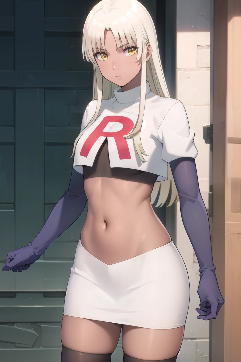 photorealistic, (4k), depth of field, (Masterpiece), (realistic skin texture), extremely detailed, intricate, hyper detailed, professional photography, high resolution, sharp detail, best quality, woman, tanned skin, long hair, blonde hair, yellow eyes, , solo, team rocket,team rocket uniform, red letter R, white skirt,white crop top,black thigh-highs,black elbow gloves