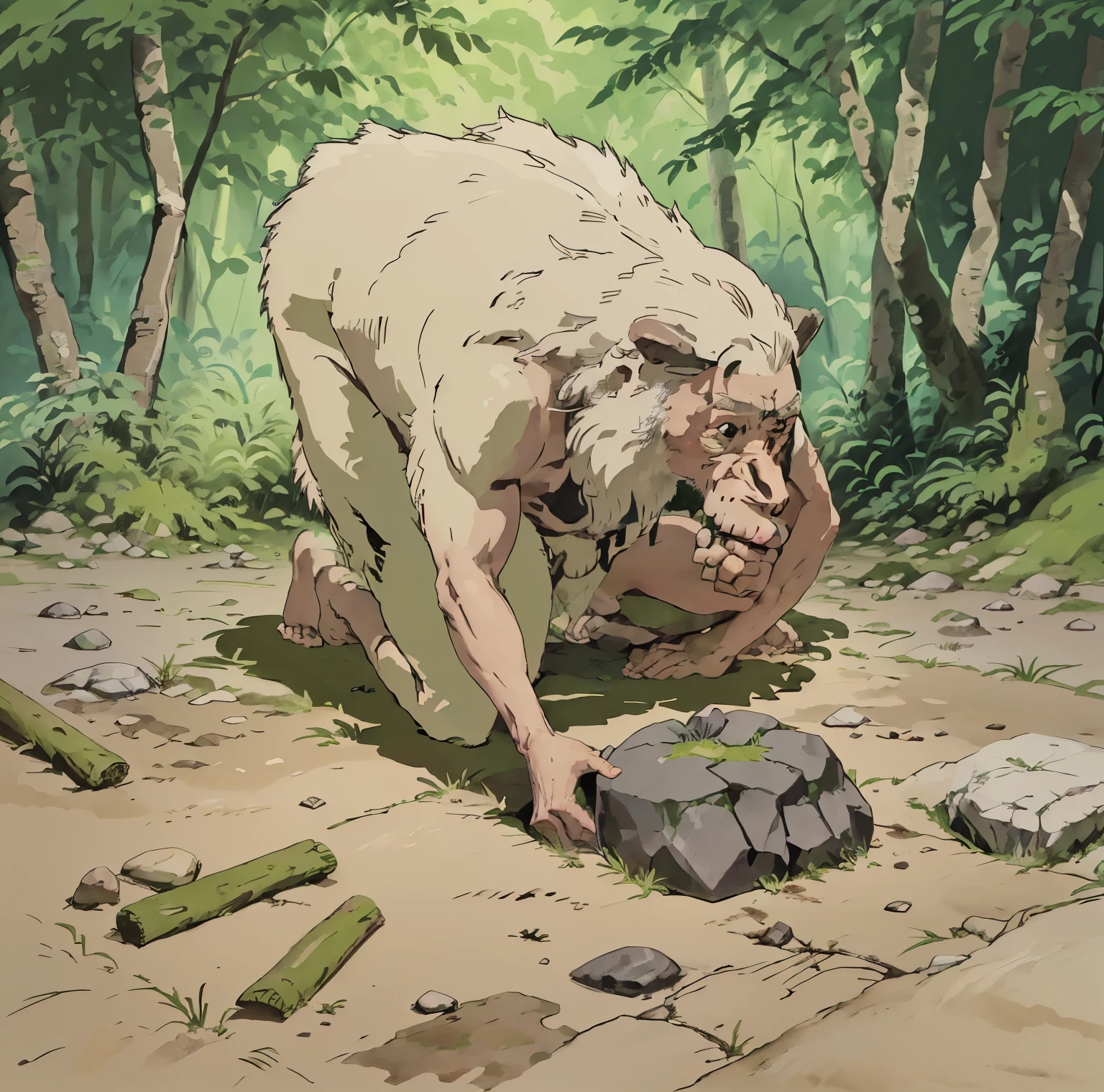 Lush forest、trees,vegetation、prehistoric environment、wilderness,rainforest,Hand drawn illustration, illustration line art, A primitive man kneels,Beating stones,Hold the ground with one hand,Lifting a stone in one hand,There are animal bones on the ground,broken bones,Detailed back muscles,Kneeling with legs on the ground,(forest background:1.5),wilderness,ape man,prehistoric environment