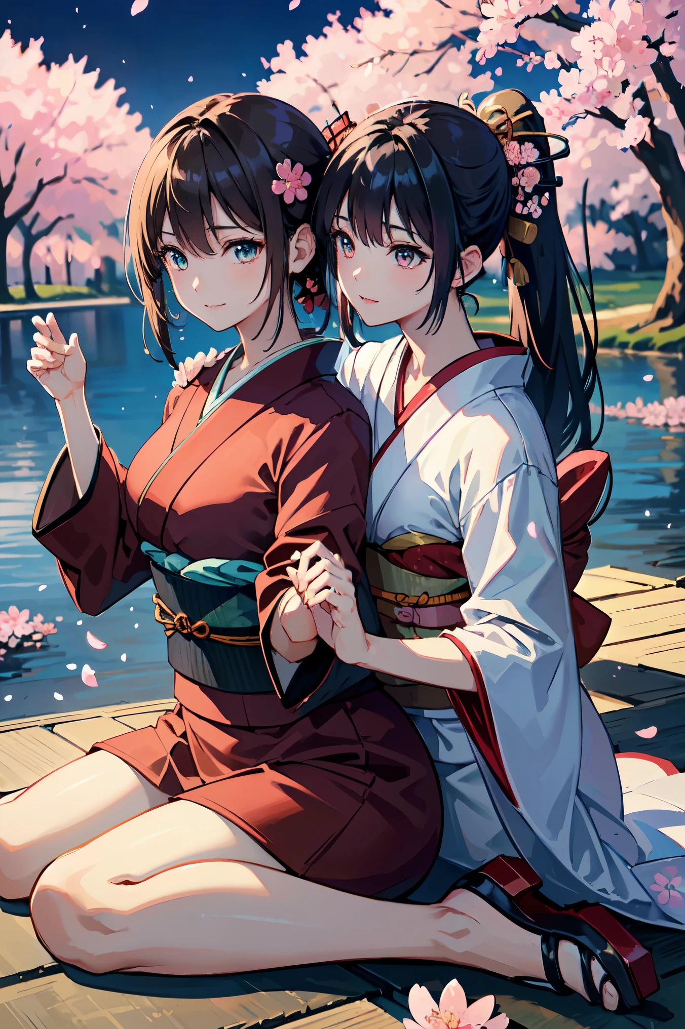 official art, unity 8k wallpaper, Super detailed, beautiful beautiful, masterpiece, highest quality, (tangleた, tangle, tangle), 1 girl, black haired,ponytail、 Japanese, bare shoulders, short skirt, calf, very detailed, dynamic angle, cowboy shot, (the most beautiful form of chaos), flowing, (bright colors), nffsw, (half: 1.2), Japanese style, (Tanka Hiku: 1.5), (ribbon: 1.3), (dream: 1.5), (Japanese style kimono: 1.5), japan phoenix、(laughter:0.5)、(Japanese god)、Sakuya、((((Cherry blossom petals are dancing))))、pray、(((girl sitting on a stump)))、(((Wariza)))、night view、(((Kimono with footprints)))