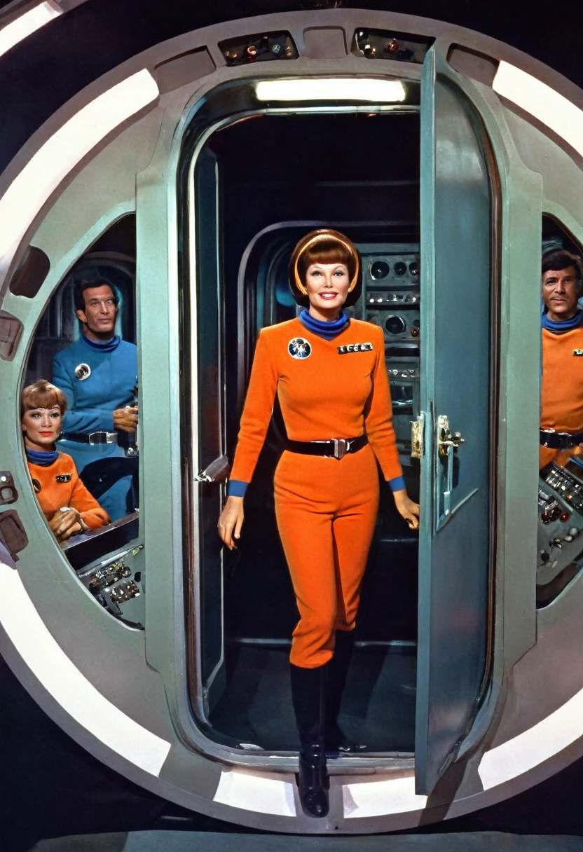 (((INNER IMAGE of a spaceship))) Internal image of an old starship from a 1960s TV series, Lost in Space, Republic series, Irwin Allen TV Show, science fiction, Star style colorful uniforms Trek and Lost in Space, retro look, Vintage, old style, PERFECT FACES like actors from the 1960s, (((full body character framing))), ((PERFECT FACES)), large, very colorful internal set, ((PERFECT FACES)), crew, enhanced faces, alien, robot, Science Fiction, TV studio lighting, old style image, TV series style, (((inside doors)))