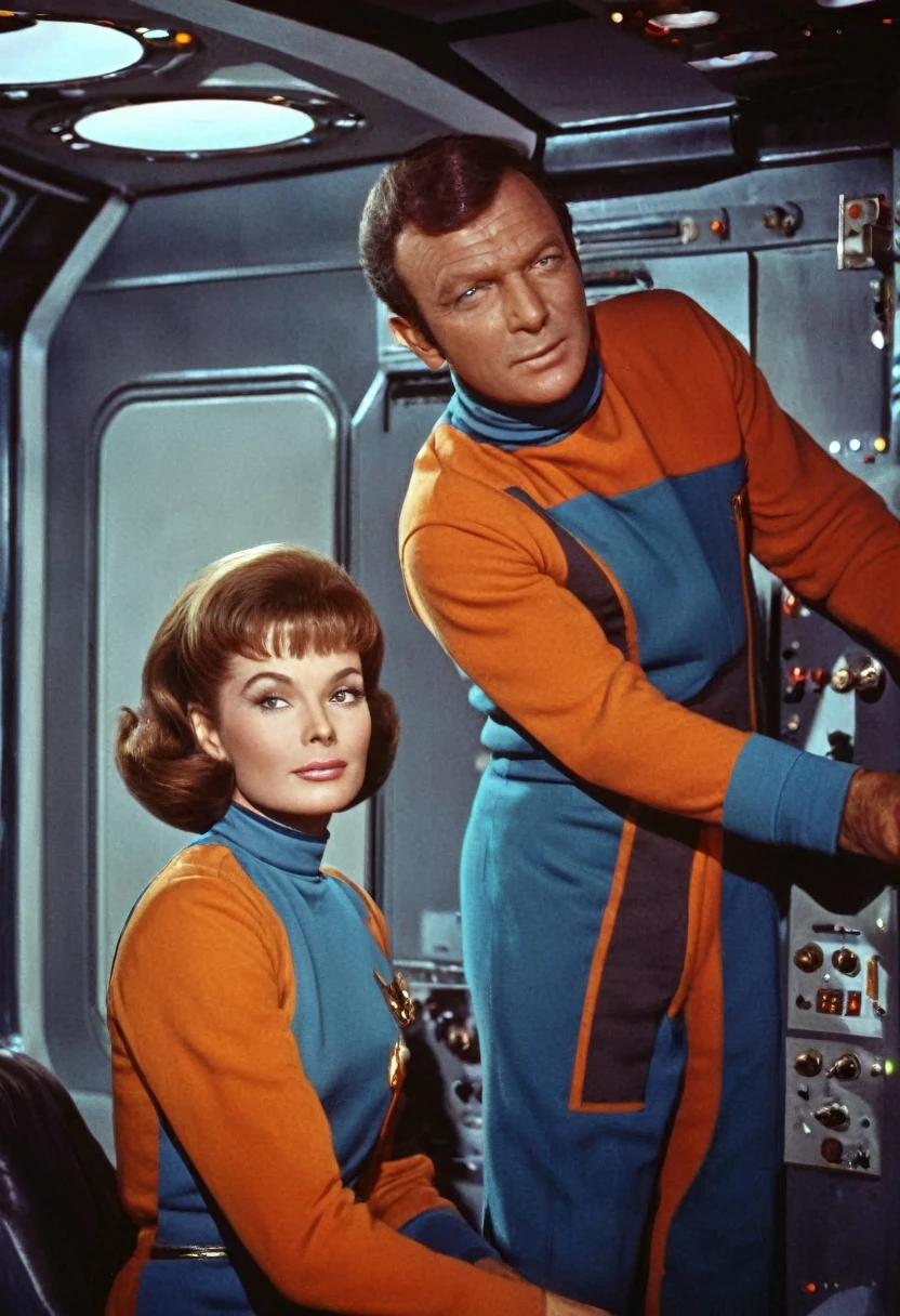 (((INNER IMAGE of a spaceship))) Internal image of an old starship from a 1960s TV series, Lost in Space, Republic series, Irwin Allen TV Show, science fiction, Star style colorful uniforms Trek and Lost in Space, retro look, Vintage, old style, PERFECT FACES like actors from the 1960s, (((full body character framing))), ((PERFECT FACES)), large, very colorful internal set, ((PERFECT FACES)), crew, enhanced faces, alien, robot, Science Fiction, TV studio lighting, old style image, TV series style, (((inside doors)))