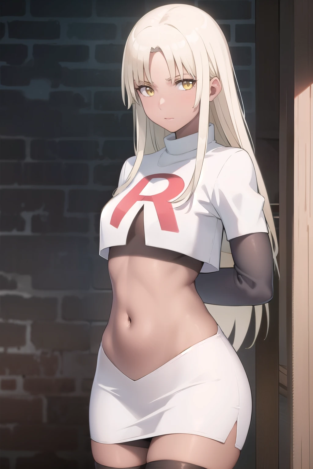 photorealistic, (4k), depth of field, (Masterpiece), (realistic skin texture), extremely detailed, intricate, hyper detailed, professional photography, high resolution, sharp detail, best quality, woman, tanned skin, long hair, blonde hair, yellow eyes, , solo, team rocket,team rocket uniform, red letter R, white skirt,white crop top,black thigh-highs,black elbow gloves