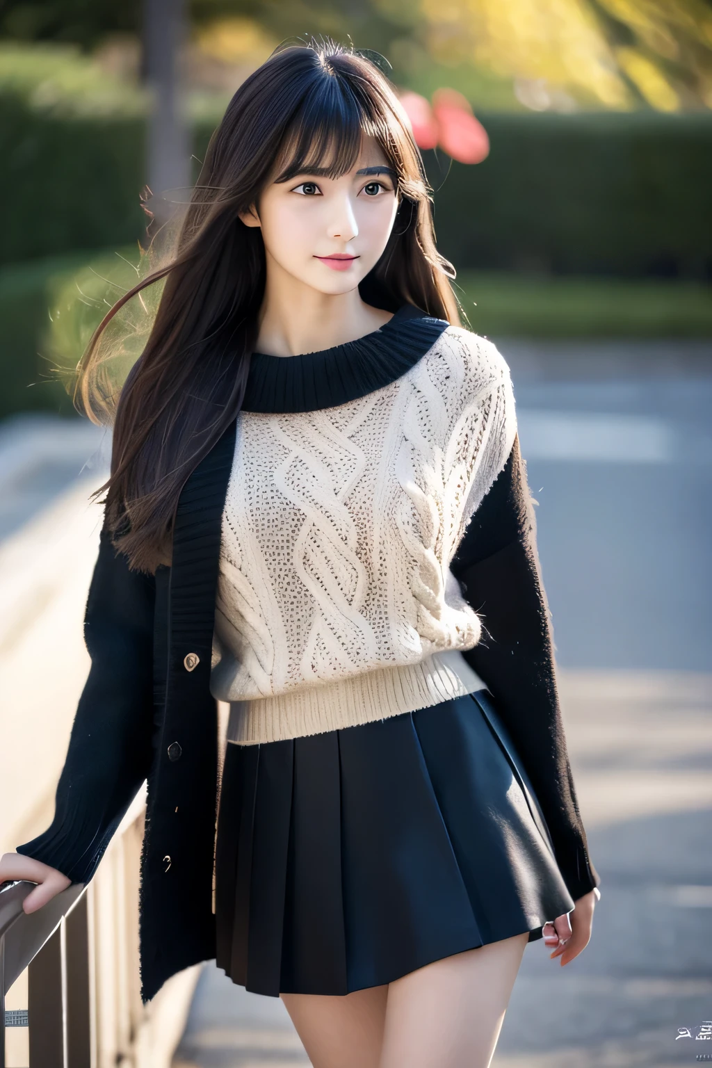 masterpiece, highest quality, Photoreal, Super detailed, finely, High resolution, 8k wallpaper, Professional, Advanced level of detail, 1 girl, smart japanese woman, ((facing the front)), detailed clavicle, perfect face, straight hair, Black Mini Flare Skirt、black boots、White Mohair Sweater、The flared skirt is fluttering in the wind