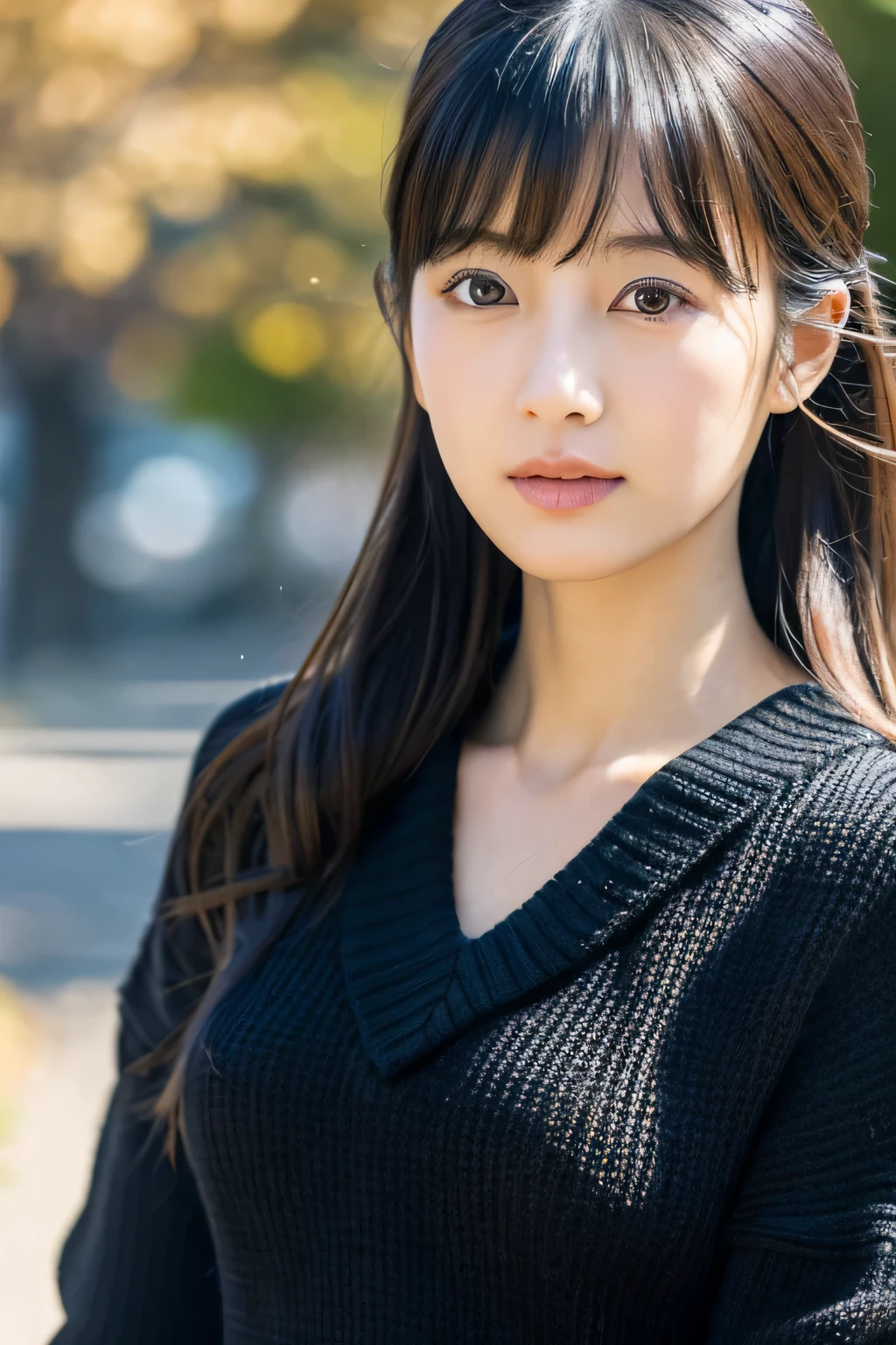 masterpiece, highest quality, Photoreal, Super detailed, finely, High resolution, 8k wallpaper, Professional, Advanced level of detail, 1 girl, smart japanese woman, ((facing the front)), detailed clavicle, perfect face, straight hair, Black Mini Flare Skirt、black boots、White Mohair Sweater、The flared skirt is fluttering in the wind