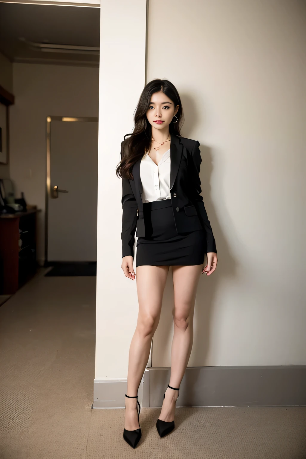 (masterpiece:1.3), (8 thousand, realistic, RAW photos, best quality: 1.4), (1 woman), (full body shot), (stand like a model), (very sexy), (Beautiful makeover), (유난히 beautiful face), (Build a firm and beautiful body through exercise) , (beautiful face), (beautiful face), (long eyelashes), (double eyelid), (big bust) , (Beautiful heaps), (realistic face), (black hair. parted, long hair:1.3), 아름다운 parted스타일, realistic eyes, (really beautiful and delicate eyes), (realistic skin), (beautiful skin), (office uniform), (Thin blouse), (short skirt), (jacket), (realistic 스타킹), (absurd), (attractive), (ultra high resolution), (extremely realistic), (very detailed), (golden ratio), (realistic 짙은색 스타킹), (The stocking legs are really nice and pretty...), (long legs), (small size feet), (high heel), (necklace), (earring),(beautiful nails manicure), (So beautiful and sexy)