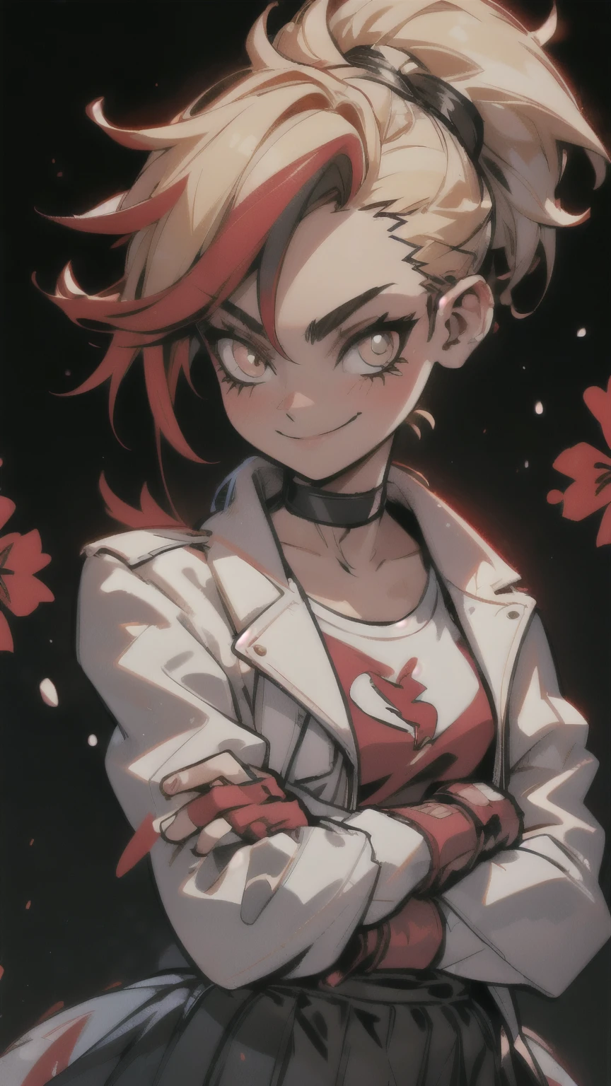 (best quality:1.2),solo,1girl,mdrin,smile,looking at viewer,crossed arms,ponytail,v-shaped eyebrows,white jacket,red shirt,fingerless gloves,black skirt,choker,illustration,floral garden background,warm color tones,soft lighting