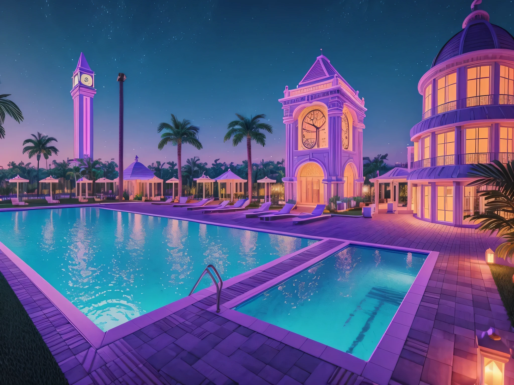 brightly lit pool with a clock tower and steps leading to it, vaporwave mansion, vaporwave lighting style, inspired by Mike Winkelmann, vaporwave mall aesthetic, vaporwave aesthetics, vaporwave wallpaper environment, beeple and mike winkelmann, vaporwave lighting, synthwave aesthetic, inspired by David LaChapelle, vaporwave lights