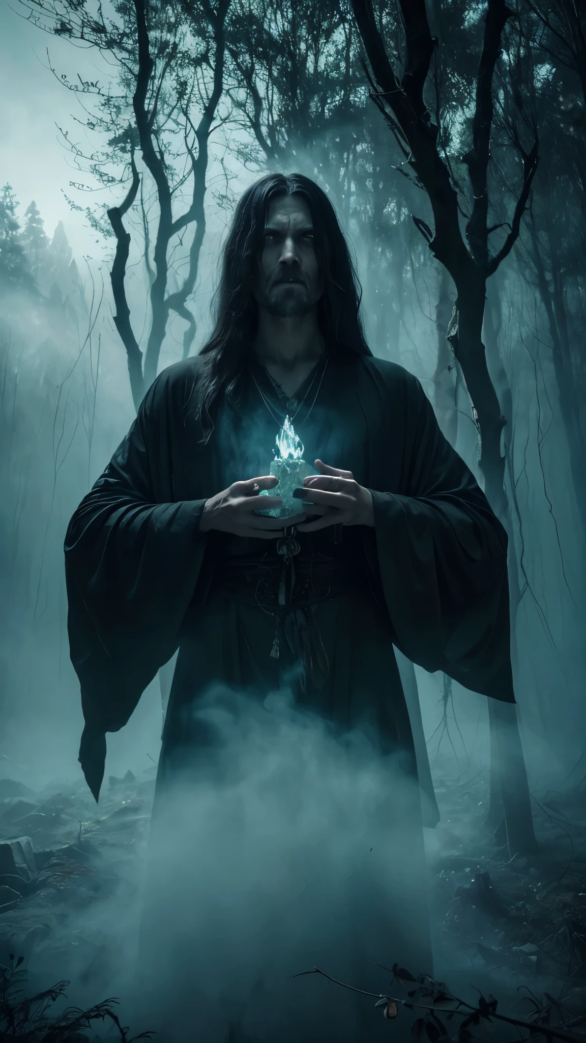 (best quality,4k,highres,masterpiece:1.2),ultra-detailed,(realistic,photorealistic,photo-realistic:1.37),dark atmosphere,occult,haunting,foreboding,ritual,dark magic,demonic presence,gloomy,mystical,astral projections,ominous shadows,smoke-filled,forest clearing,dark robes,burning candles,strange symbols,horror,creepy,dreadful,twisted trees,sinister,ominous chanting,deviant rituals,mysterious aura,thick mist,dense undergrowth,supernatural entities,ancient knowledge,transcendent power,ominous glow,sage demon,charismatic presence,enchanted artifacts,sorcery,spellbinding,fearsome gaze,commanding aura,intense eyes,wisdom,secret teachings,cryptic whispers,otherworldly wisdom