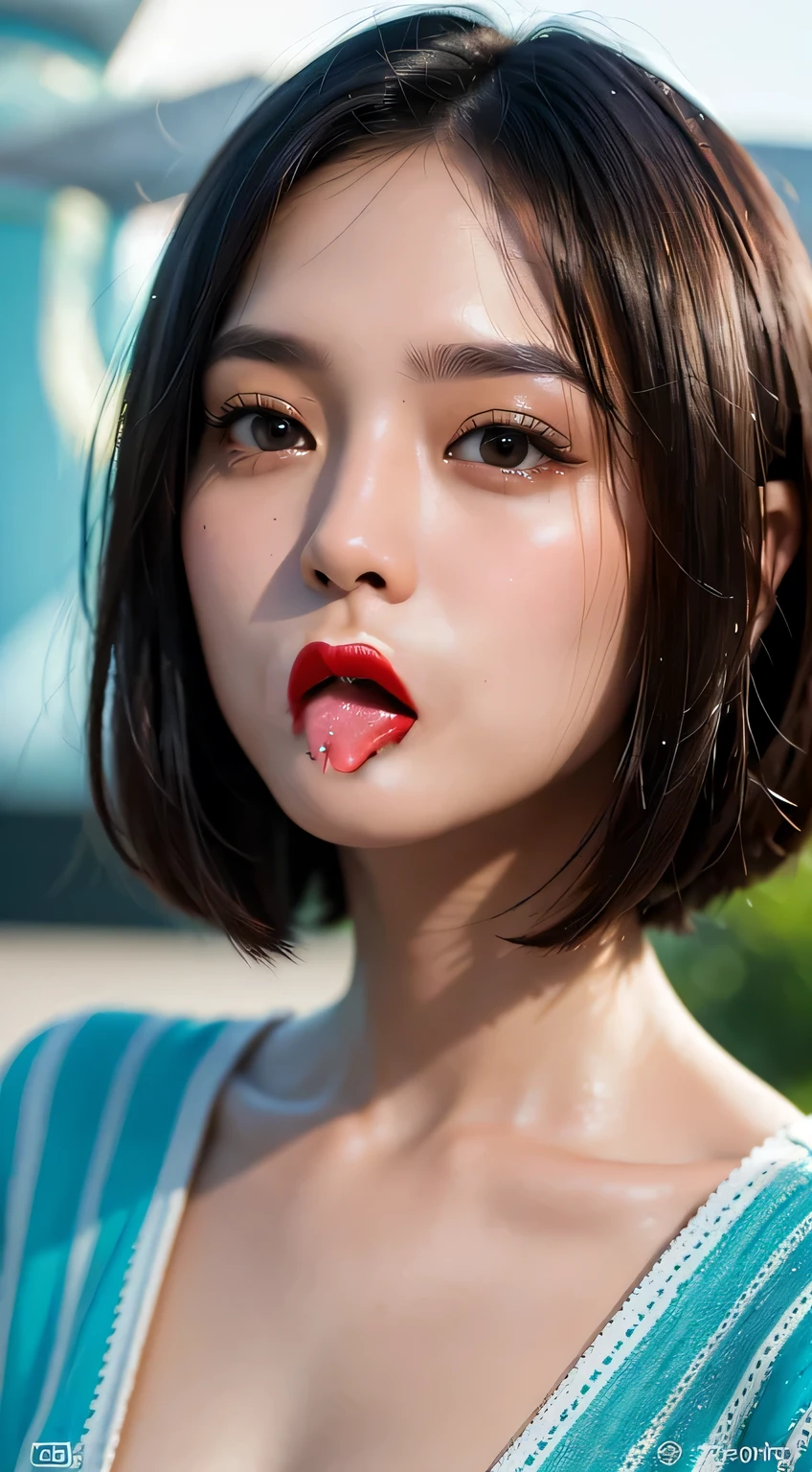 (highest quality, masterpiece:1.3), shape, ((Beautifully detailed face)), beautifully detailed skin, Intricate details, Very detailed, Best image quality in 8K, The true picture () (18 year old female model:bikini) (Small breasts), ,Japanese Girls,Baby Face,Bobcut,bikini,Open your mouth, teeth,(Sticking out tongue:1.4),(Drooling,Bright tongue:1.2),blush,Embarrassing,Realistic Face,Realistic Skin,sexy
