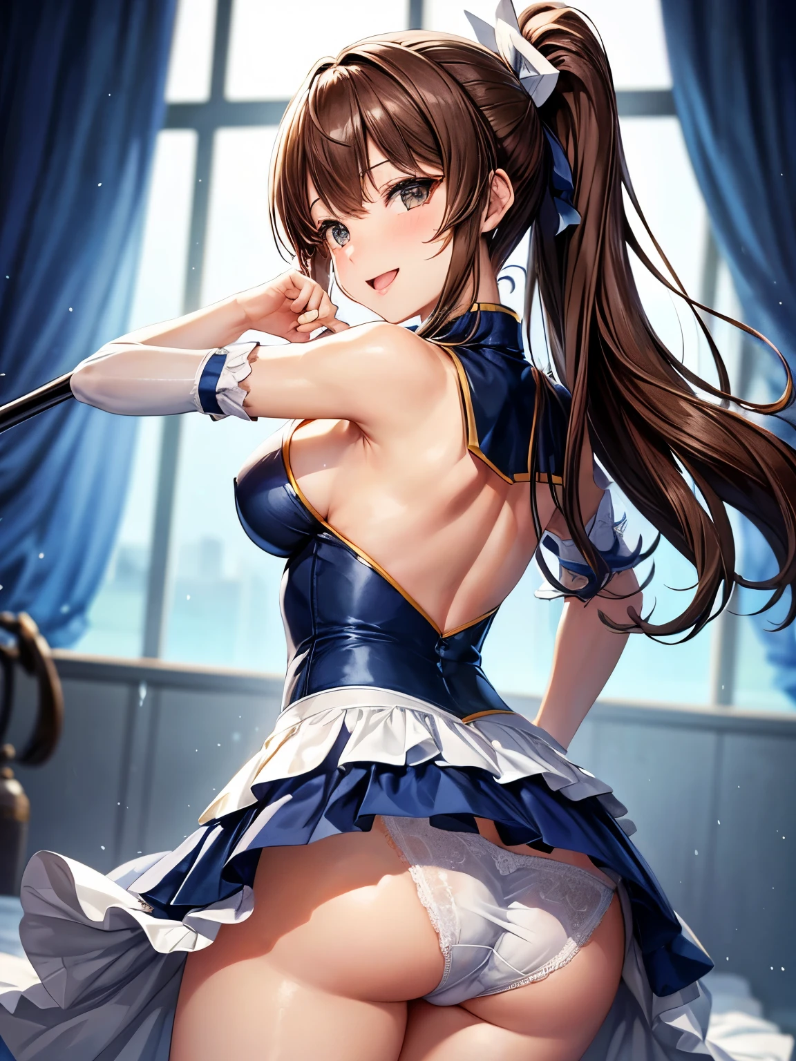 highest quality、All limbs、full finger、Slender beauty、ponytail、brown hair, navy blue, 白とnavy blueのアイドル衣装、その衣装にはnavy blueのアイドル風コルセットがある, その衣装は襟にnavy blueのリボンがある、The costume is on the shoulders and underarms.、Covers the upper arms and arms, That costume only opens wide at the chest.、high socks、beautiful big breasts、live stage、sing、holding a microphone, dancing、big smile、(white side-tie lacy panties:1.1), (panties that cover the butt:1.1), skirt lift, show off panties, looking back, angle from behind