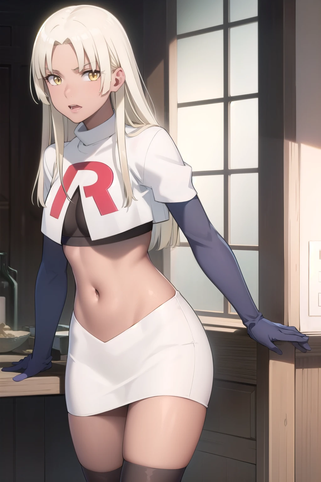 photorealistic, (4k), depth of field, (Masterpiece), (realistic skin texture), extremely detailed, intricate, hyper detailed, professional photography, high resolution, sharp detail, best quality, woman, tanned skin, long hair, blonde hair, yellow eyes, , solo, team rocket,team rocket uniform, red letter R, white skirt,white crop top,black thigh-highs,black elbow gloves