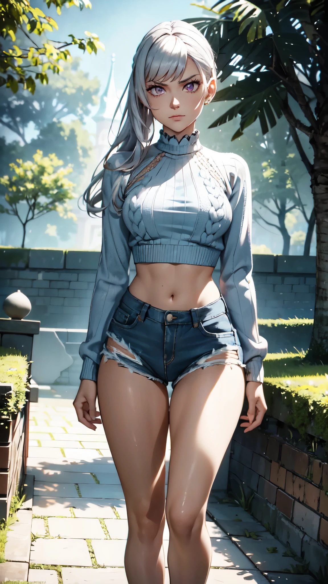 Meisterwerk, Atemberaubend realistisch, fotorealistisch, 12K-UHD, best quality, Sharpness, scharfes Gesicht, 女の子1人,Noelle Silva,big boobs,silver hair,purple eyes,Stehend in einem Garten mit Pool,full entire body,topless,micro ripped denim shorts,nipple slip,breasts out,show boobs,NSFW,silver necklace,arms behind back