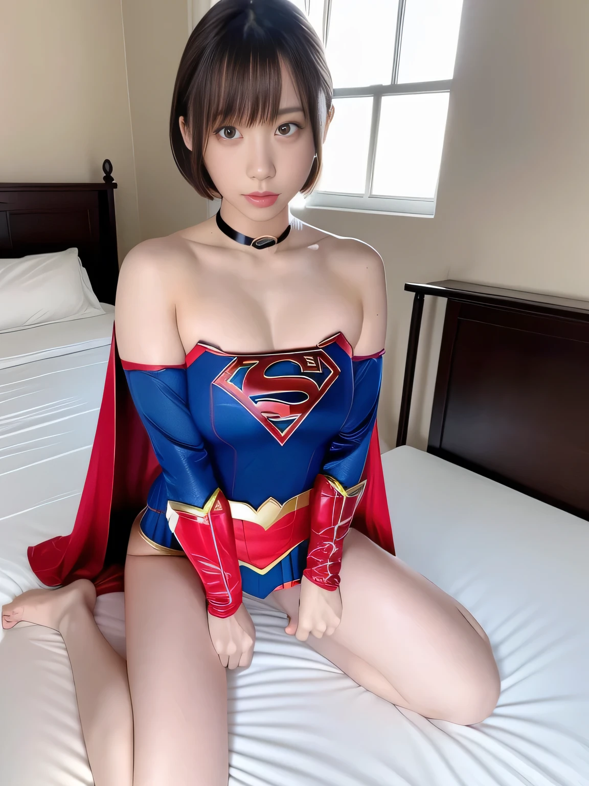masterpiece、supergirl costume、short hair、barefoot、big and full breasts、Bedroom、crawl on the bed、sexy pose、athlete、shiny、looking at camera、Seduce、choker、long sleeve、red mini skirt、Weekly magazine cover、Sculpture Magazines、sweaty、radical、