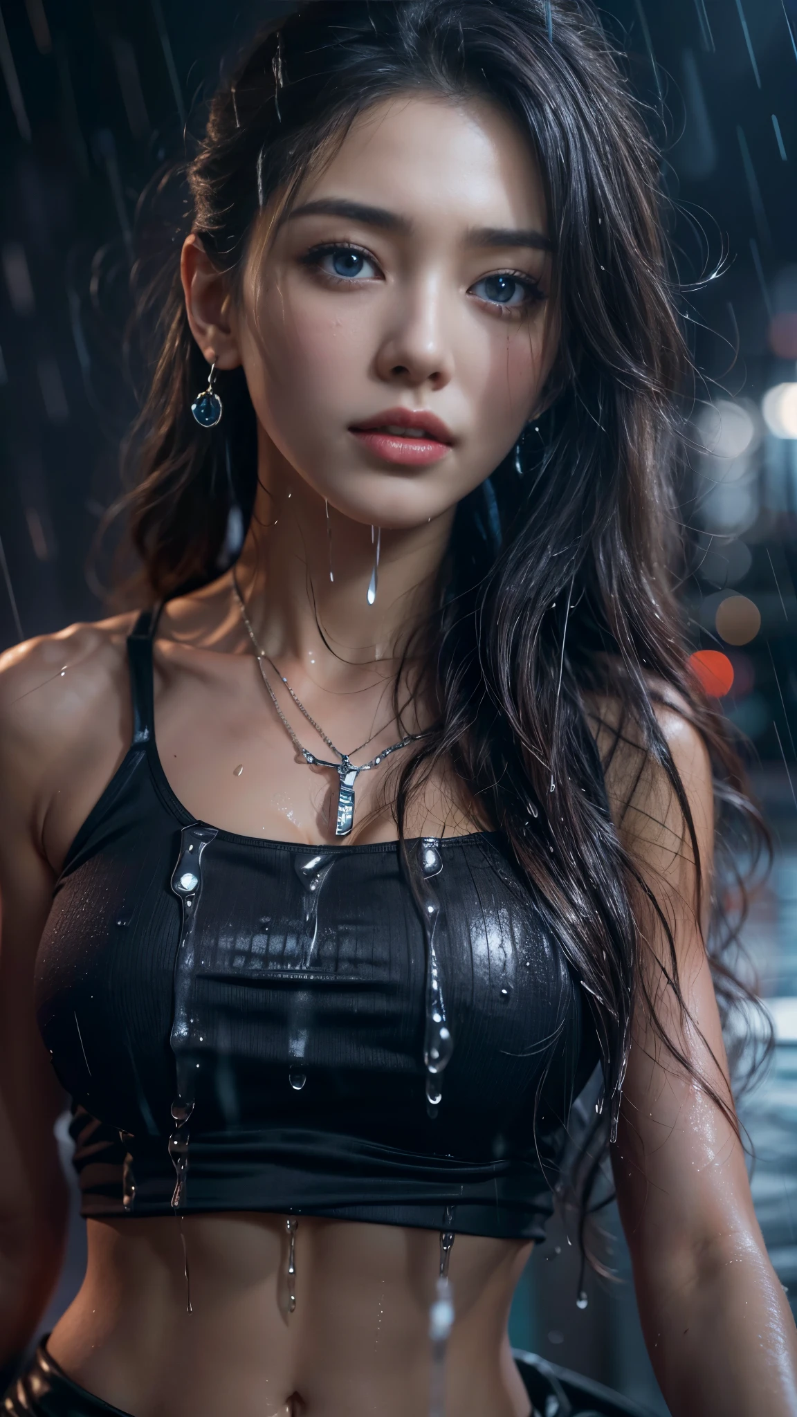 (RAW shooting, Photoreal:1.5, 8K, highest quality, masterpiece, ultra high resolution), perfect dynamic composition:1.2, Night street corner of a modern city, expression of sadness:0.5, (((Typhoon heavy rain))), Highly detailed skin and facial textures:1.2, Slim office lady wet in the rain:1.3, Fair skin, sexy beauty:1.1, perfect style:1.2, beautiful and aesthetic:1.1, very beautiful face, water droplets on the skin, (rain drips all over my body:1.2, wet body, wet hair:1.4, wet skirt:1.2, wet tank top:1.3), belt, (Medium chest, Bra is transparent, Chest gap), (cry, lovelorn, The expression on your face when you feel intense caress, Facial expression when feeling pleasure), (beautiful blue eyes, Eyes that feel beautiful eros:0.8), (Too erotic:0.9, Bewitching:0.9), cowboy shot, Shoulder bag, necklace, earrings, bracelet, clock