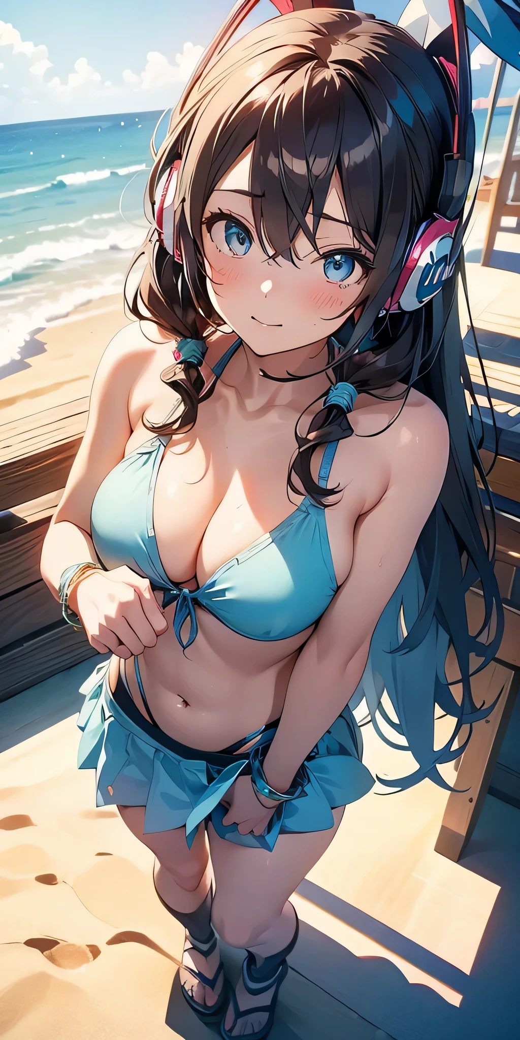 all inticate details: "(cowboy shot, full body, miku nakano, miku nakano, long hair, bangs, blue eyes, brown hair, hair between eyes, headphones, headphones around neck, nakano miku, firm breasts, medium breasts
BREAK bikini,
BREAK outdoors, beach,
BREAK looking at viewer, BREAK (masterpiece:1.2), best quality, high resolution, unity 8k wallpaper, (illustration:0.8), (beautiful detailed eyes:1.6), extremely detailed face, perfect lighting, extremely detailed CG, (perfect hands, perfect anatomy))" ,Miku nakano, ((random angle)) 