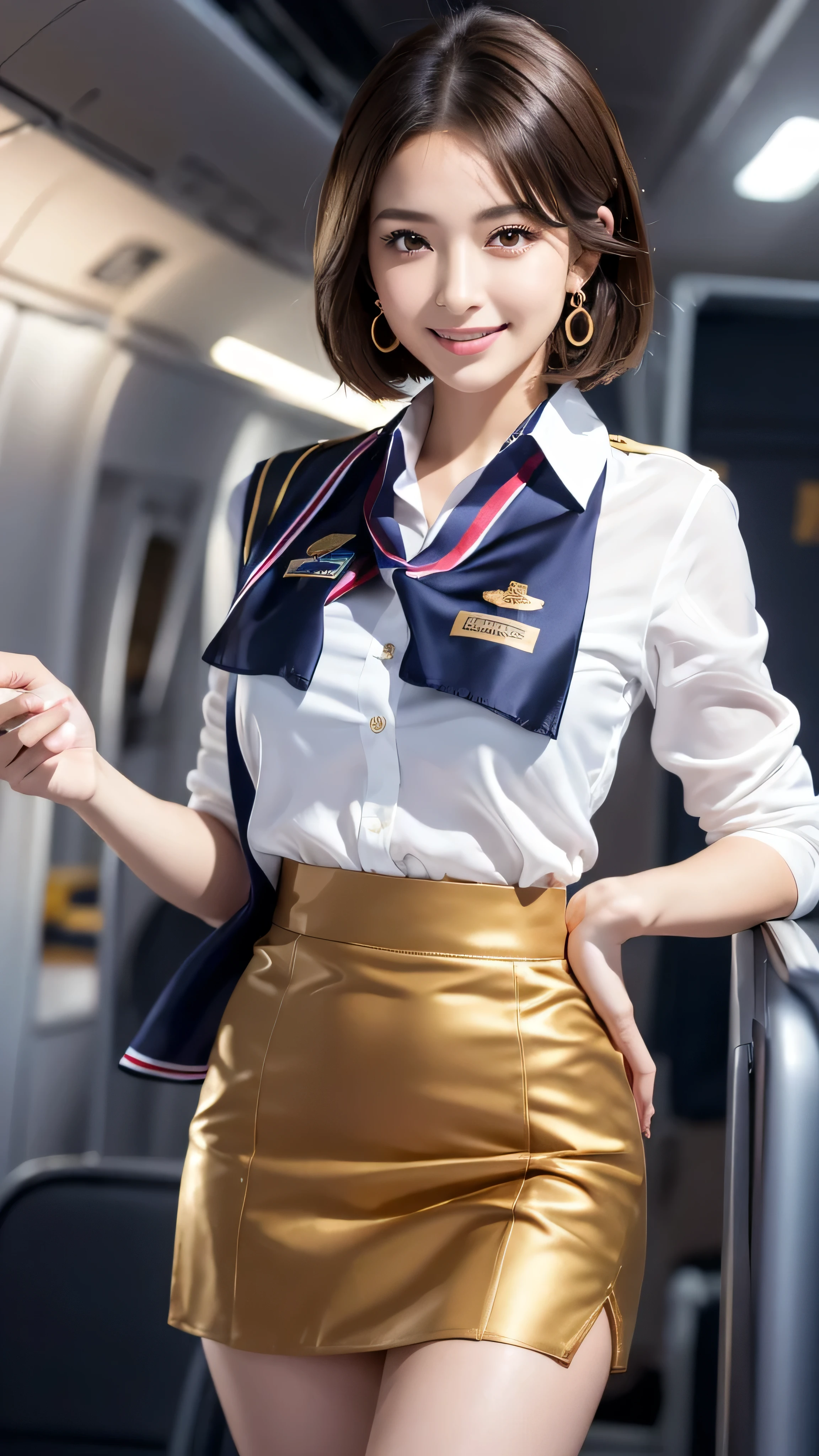 (8K、超High resolution、超High resolution、 Raw photo、best image quality、pieces fly:1.5)、Japanese girl raw portrait、 超High resolution、best image quality、 (medium chest、chest:1.3)、{hide the chest} (natural skin texture、fine skin、hyper realism、Super sharpness)、intricate details、written boundary depth、sexy adult woman、black hair short cut、tight ass star piece、best image quality、High resolution))、(realistic:1.4)、alone、close、smile happily、Big eyes、Clear double eyelids、eyelash、long neck、Absolute area、beautiful clavicle、The face is perfect、thin lips、small face、(look at the audience、eye highlights、light brown eyes、lip gloss)、((gold necklace_Larger earrings:1.2)),((gush:1.3)),((stewardess uniform,flight attendant uniform,tight mini skirt,white shirt、silk scarf、Inside the plane:1.4)、((standing full body figure supermodel、 In the whole body frame))、full body shot、((he runs up to me_Breath is bouncy))