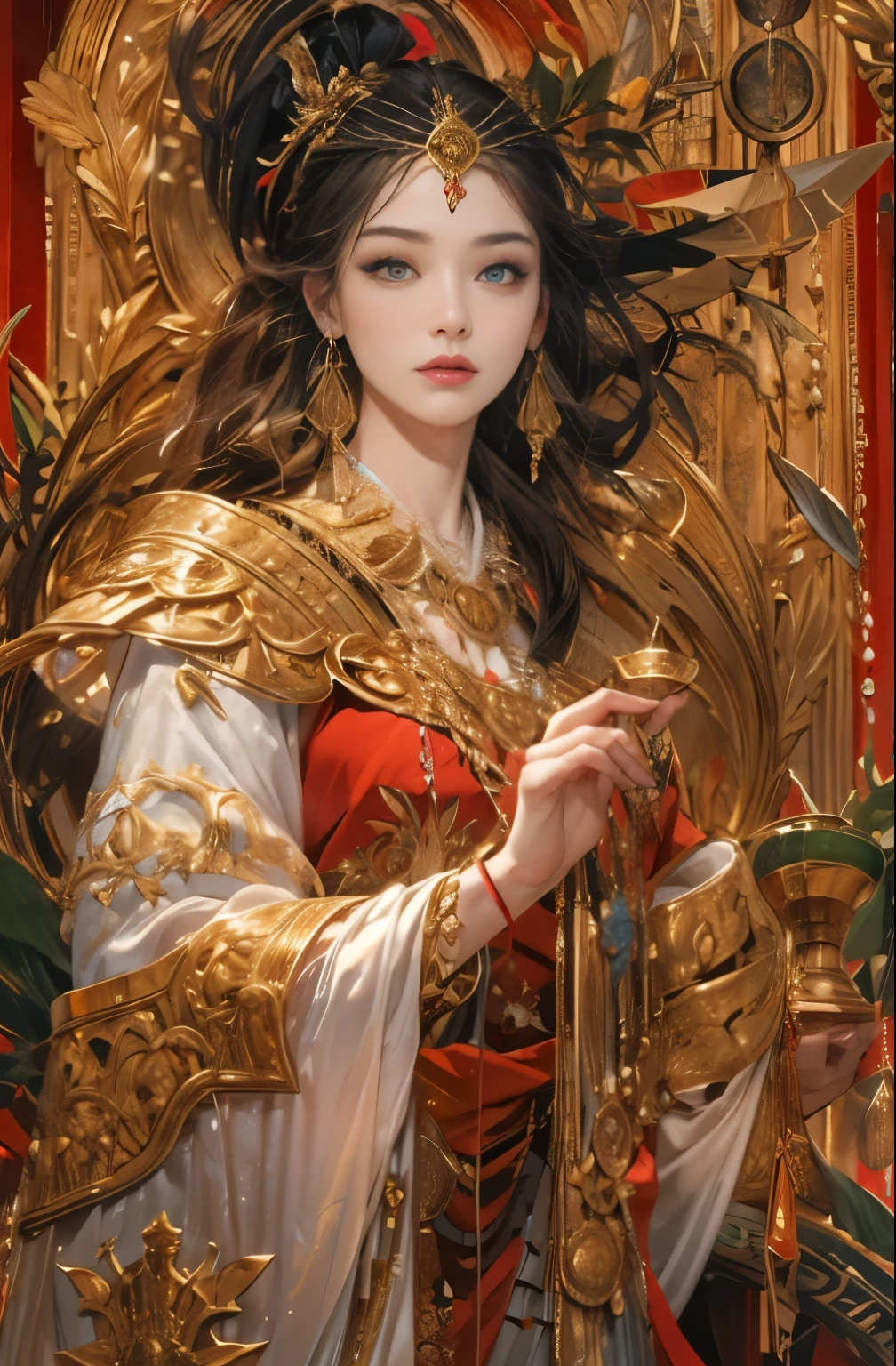 Gold and red tones、fantasy、Ancient mythology、ancient mesopotamia、hour of dusk、Mysterious、solemnity、majestic、highest quality, masterpiece、Ishtar, goddess of war、majestic hall々, battlefield commander、Guardian of Babylon、increase fighting spirit、queen of lon, invincible general、Majestic Hall々、Brave、glory of babyhonor of babylon、sure of Babylon, veteran hero、The unparalleled beauty of elongated eyes、refinement、Noble、i am proud、Wearing Noble jewelry、Equip your weapons、looks like fancy golden armor、cloak fluttering in the wind、Tall and lean、fiery red long hair、perfect angle、perfect composition、Low - Angle、Full body Esbian, Works that influenced Chen Yifei, Works that influenced Francesco Hayes, Inspired by Hendrik Terbruggen, Jean=Works that influenced Auguste Dominique Ingres, Works that influenced Liu Jun, Jean=Works that influenced Auguste Dominique Ingres, highest quality, perfect angle, perfect composition, best shot, official art, cinematic light, figurative art, Beautiful and expressive paintings, Beautiful artwork illustration, wonderful, cool beauty, clear, Mysterious, highest quality, official art, Very delicate and detailed painting style, Beautiful painting art, perfect light, perfect composition, perfect angle, The perfect subject, best shot, women only, sharp outline, pretty much beautiful face, very beautiful and delicate eyes, delicate and beautiful eyes, Close-up
