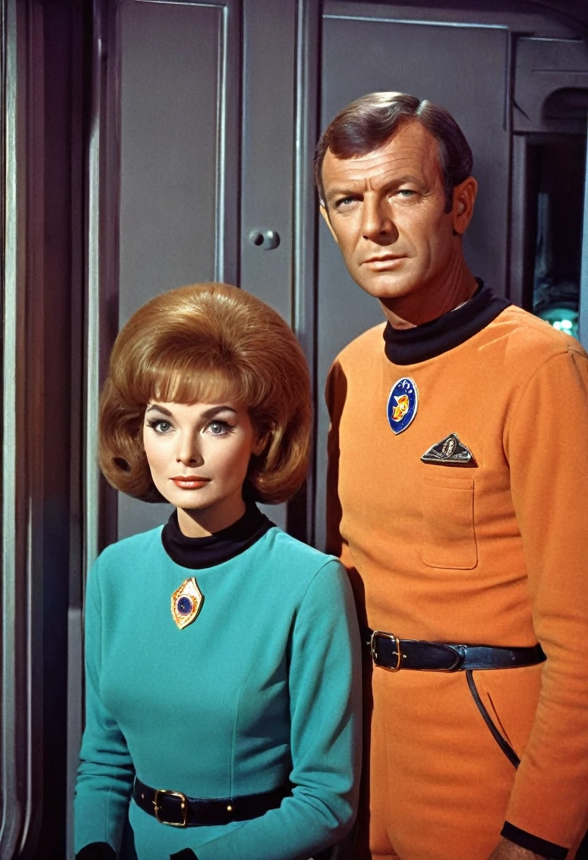 (((INNER IMAGE of a spaceship))) Internal image of an old starship from a 1960s TV series, Lost in Space, Republic series, Irwin Allen TV Show, science fiction, Star style colorful uniforms Trek and Lost in Space, retro look, Vintage, old style, PERFECT FACES like actors from the 1960s, (((full body character framing))), ((PERFECT FACES)), large, very colorful internal set, ((PERFECT FACES)), crew, enhanced faces, alien, robot, Science Fiction, TV studio lighting, old style image, TV series style, (((inside doors)))