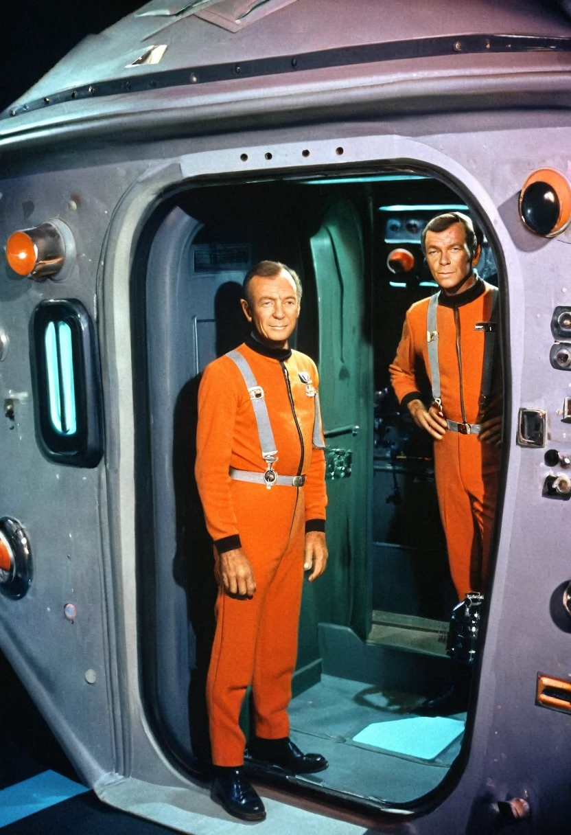 (((INNER IMAGE of a spaceship))) Internal image of an old starship from a 1960s TV series, Lost in Space, Republic series, Irwin Allen TV Show, science fiction, Star style colorful uniforms Trek and Lost in Space, retro look, Vintage, old style, PERFECT FACES like actors from the 1960s, (((full body character framing))), ((PERFECT FACES)), large, very colorful internal set, ((PERFECT FACES)), crew, enhanced faces, alien, robot, Science Fiction, TV studio lighting, old style image, TV series style, (((inside doors)))