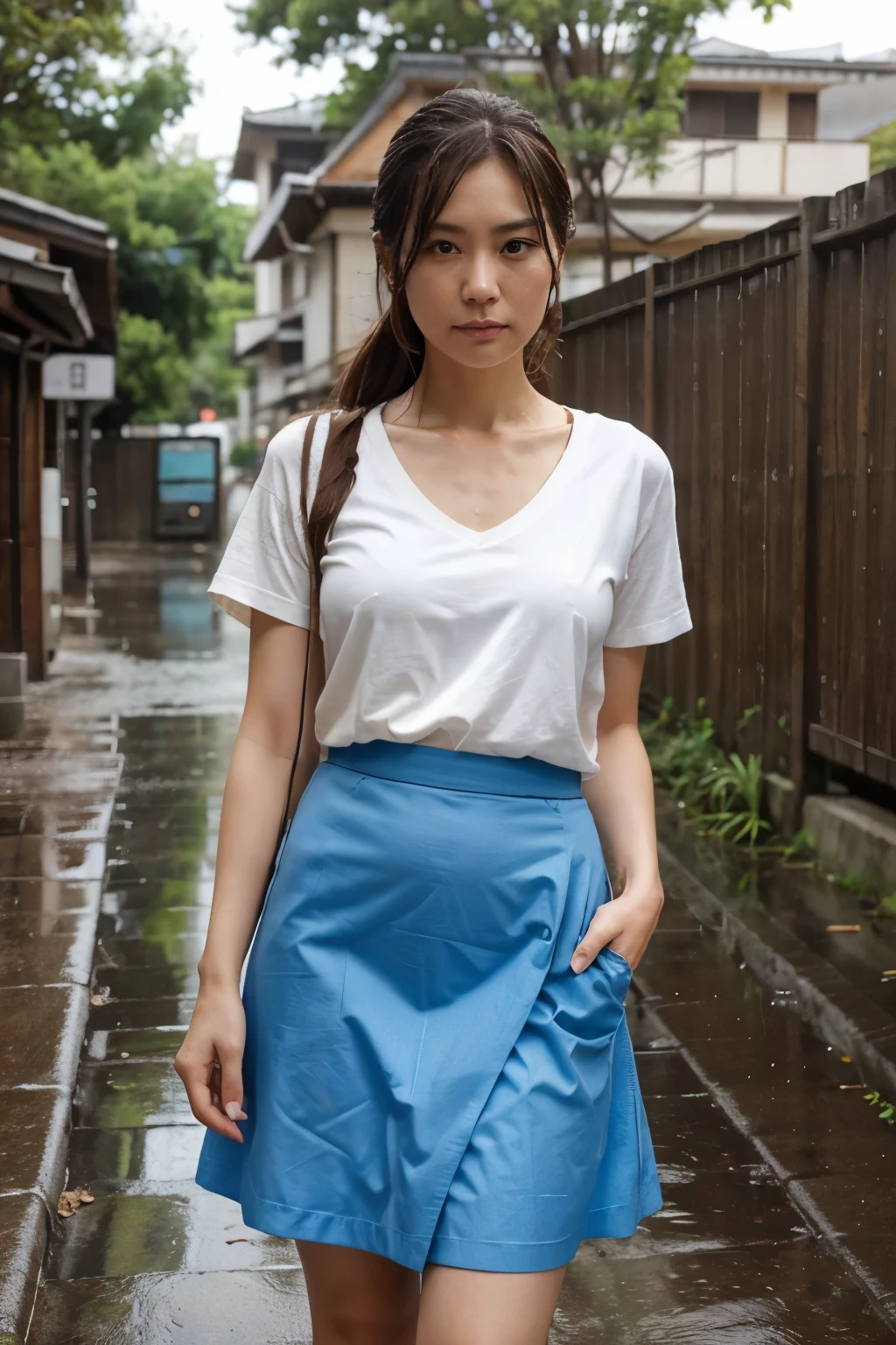 RAW, Make a picture of a 39-year-old, married woman. Her name is Yuki Okazawa. She lives in Suginami-ku, Tokyo. She has a slim bright face and warm and intelligent eyes. She has an elegant expression. She wore an ivory V-neck t-shirt, a brown cardigan, and a Carolina Blue midi skirt. She wore brown sneakers. She was on her way to the market. It rained a lot, so she was standing under a street tree. Her clothes were wet in the rain.well proportioned figure, slender, cowboy shot, Eye-Level Shot, Masterpiece, High Quality, anatomically correct, high details