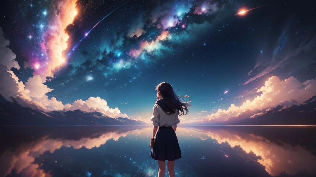 Starry sky with a girl looking at the stars, girl looks at the space, anime girl with cosmic hair, cosmos sem fim no fundo, girl in space, beautiful girl on the horizon, Makoto Shinkai Cyril Rolando, looking out into the cosmos, Anime art wallpaper 4k, Anime art wallpaper 4 K, Anime art wallpaper 8 K, on a galaxy looking background、and soul、By Shinkai Makoto、Vision、landscape、vanishing point、outrageous solution、High resolution、super detailed、The upper half represents the universe、Below is the sea、fantasy、magic、big、prisma、beautiful lighting、bright lighting、soft lighting、Lots of sparkling magic lights、rainbow light、(spark:0.7)、A masterpiece of high quality, landscape,bright starry sky. romantic train, pixiv, concept art, Lofiato style, reflection. by Makoto Shinkai, Lofiato, beautiful anime scene, Anime landscape, Detailed landscape - width 672, (((in Makoto Shinkai's style))), Enhanced details、Anime wallpaper of a girl looking at the sky and starry view,