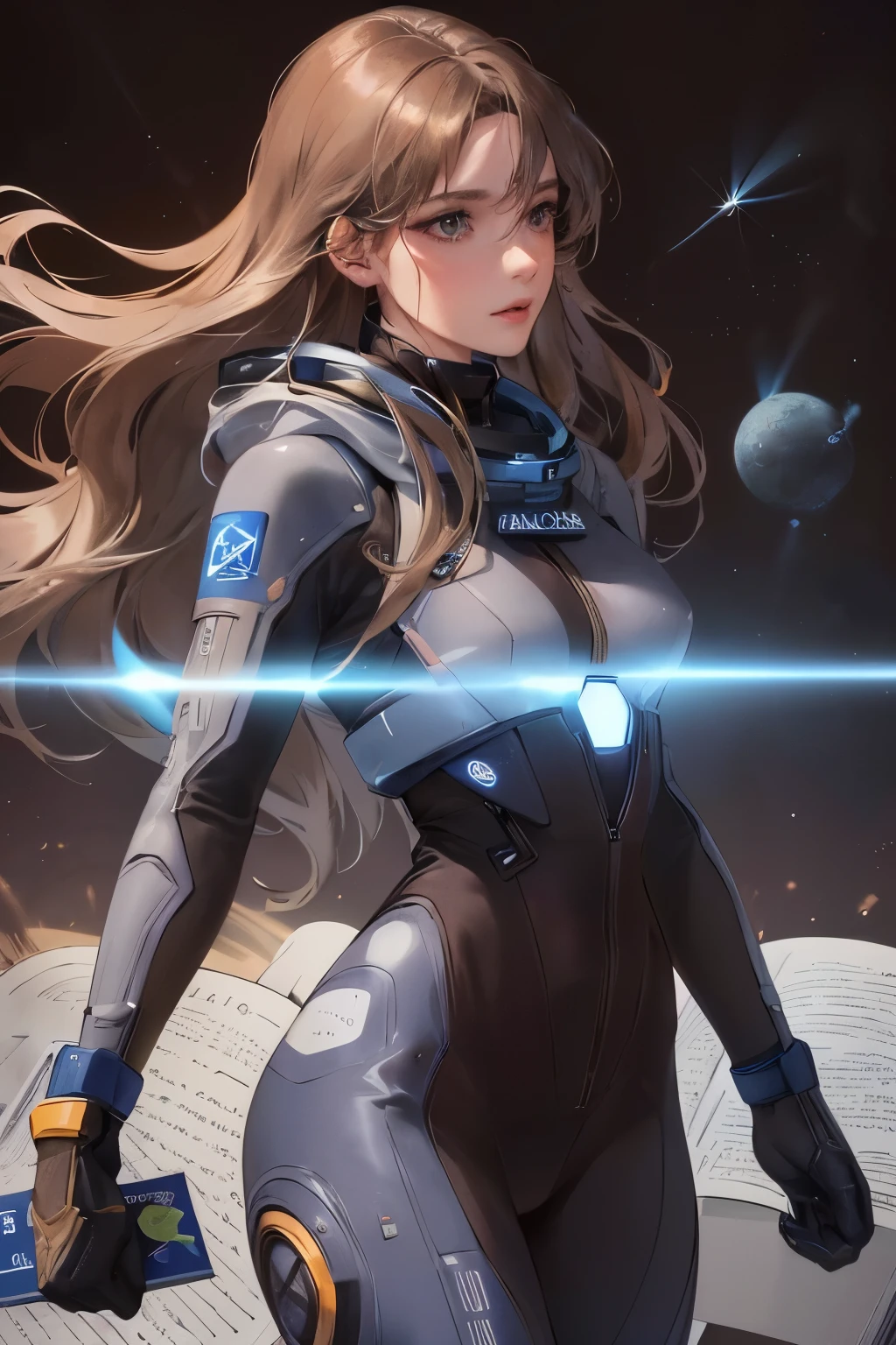 cover for a book, photography of beautiful astronaut woman, a solo woman, (((woman))), (feminine face), 25 years old, aerospace engineer, good girl, (gray eyes), expressive look, brown wavy hair, (((dark background))), shine hair, EVA suit, blue stars, super detailed face, perfect body, perfect shapes, realistic image, award winning photography, 8k,