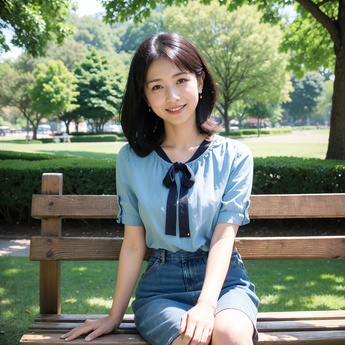 ((highest quality、8K、masterpiece:1.3))、Photoreal, sharp focus, High level image quality, High resolution, portrait, alone, japanese woman, Beautiful woman,  short sleeve blouse、Casual skirt、33 years old, semi-long、sitting on a park bench、looking here、smile、Heel、tote bag