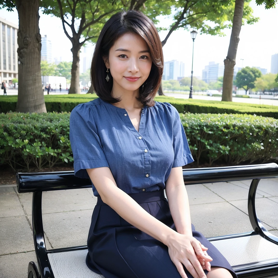 ((highest quality、8K、masterpiece:1.3))、Photoreal, sharp focus, High level image quality, High resolution, portrait, alone, japanese woman, Beautiful woman,  short sleeve blouse、Casual skirt、33 years old, semi-long、sitting on a park bench、looking here、smile、Heel、tote bag