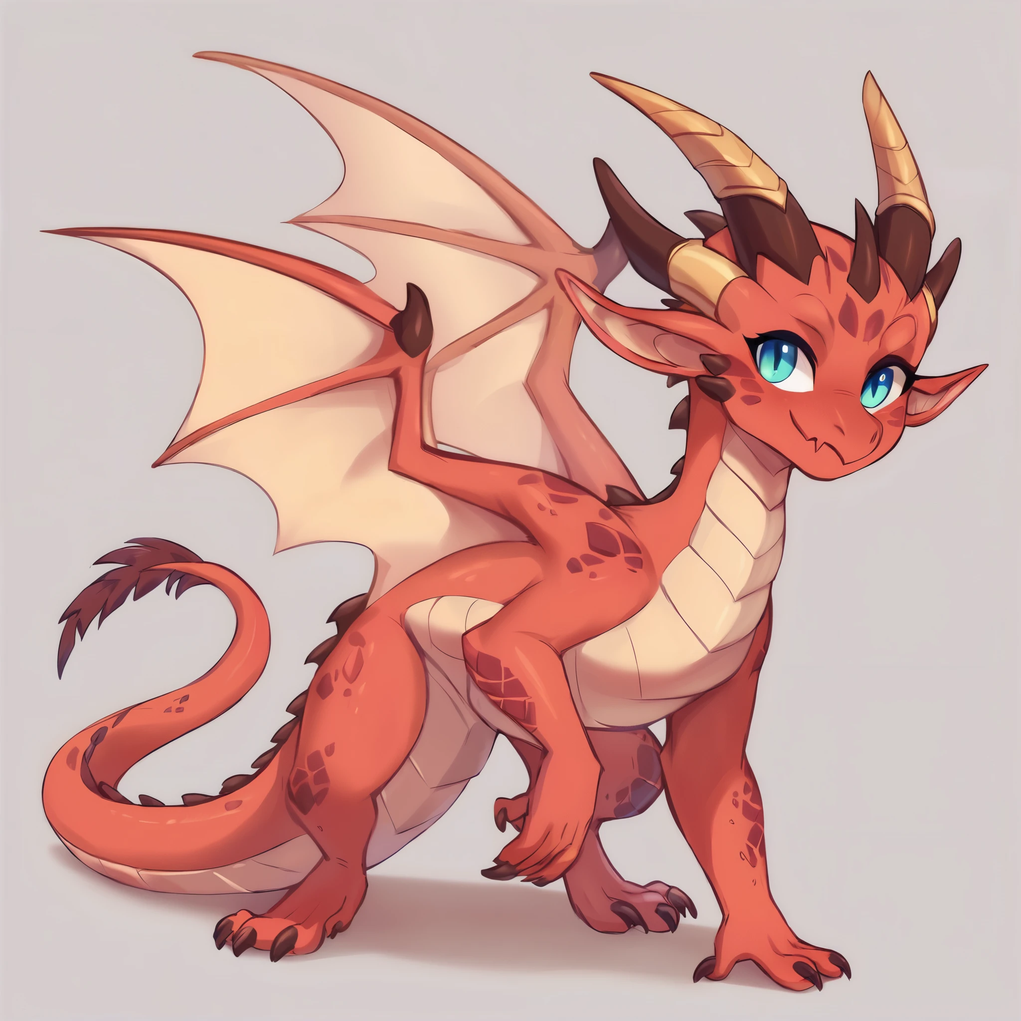 score_9, score_8_up, score_7_up, score_6_up, score_5_up, score_4_up, feral dragon, female dragon body, little dragon, dragon cub, solo, scaly body, show accurate, light purple scales light purple skin, body with gold details, adorable face, black two horns, dragon tail, dragon wings, wings of the same skin color, full body, simple background, basic pose, wings spread, standing on all fours,