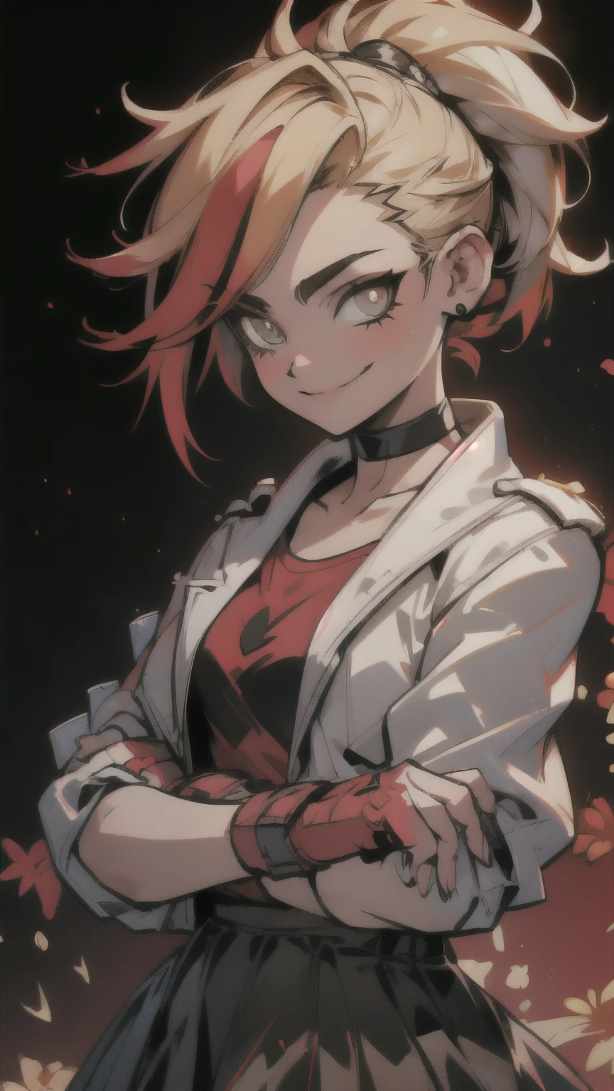 (best quality:1.2),solo,1girl,mdrin,smile,looking at viewer,crossed arms,ponytail,v-shaped eyebrows,white jacket,red shirt,fingerless gloves,black skirt,choker,illustration,floral garden background,warm color tones,soft lighting