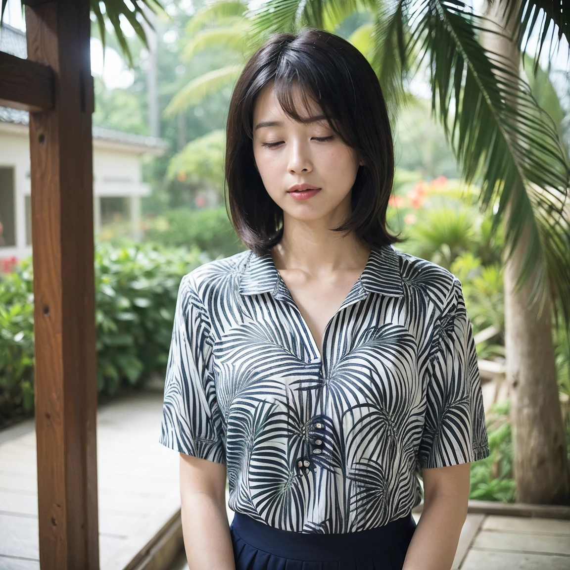 ((highest quality、8K、masterpiece:1.3))、Photoreal, sharp focus, High level image quality, High resolution, portrait, alone, japanese woman, Beautiful woman, short sleeve blouse、skirt、33 years old, semi-long、serious face、(((close your eyes、Bring both palms together in front of your chest、pray to god)))、Shrine torii