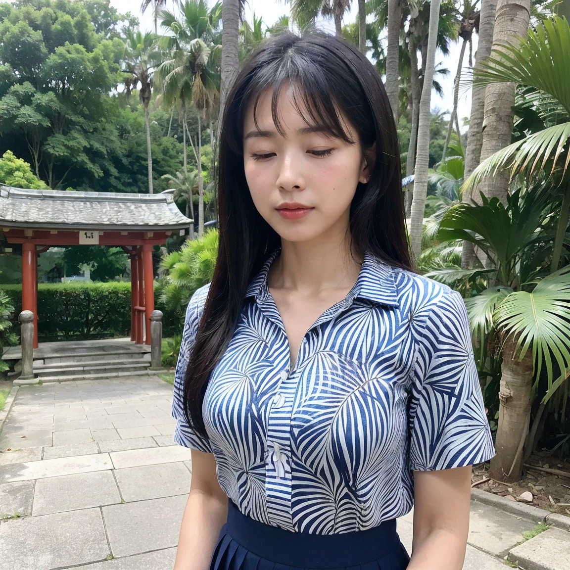 ((highest quality、8K、masterpiece:1.3))、Photoreal, sharp focus, High level image quality, High resolution, portrait, alone, japanese woman, Beautiful woman, short sleeve blouse、skirt、33 years old, semi-long、serious face、(((close your eyes、Bring both palms together in front of your chest、pray to god)))、Shrine torii