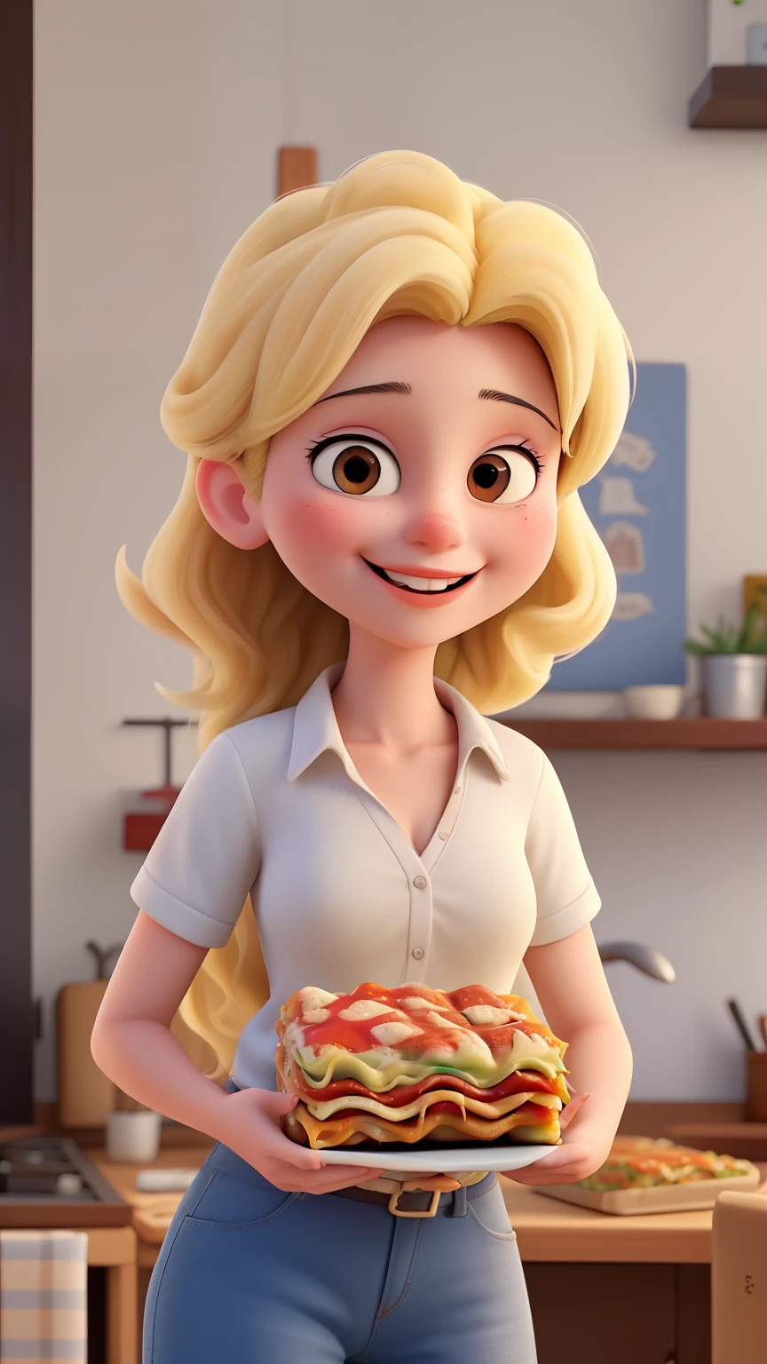 uma mulher, jovem, sozinha, com o cabelo  escuro, sorridente, holding a lasagna with your hands, em uma cozinha