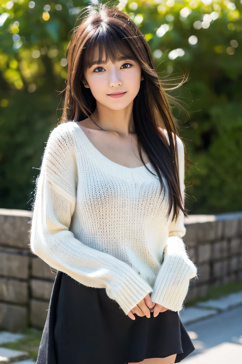 ((Thin long-sleeved knit,、Detailed panties、thighs thighs thighs thighs:1.2))、Moe Sleeve、(realisitic、Photorealsitic、ultra-detailliert、Highest Details Skins、top-quality、​masterpiece、超A high resolution)、Cute Japan Woman、28 year old、younggirl、I have bangs、二重まぶた、drooing eyes、Large black eyes、Japanese style face、Cute smile、Charming、purity、Straight face、double tooth、View here、Realistic skin type