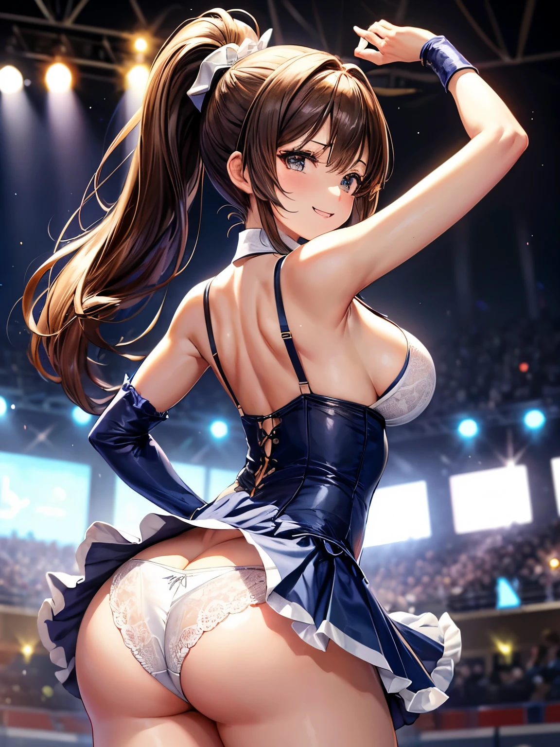 highest quality、All limbs、full finger、Slender beauty、ponytail、brown hair, navy blue, 白とnavy blueのアイドル衣装、その衣装にはnavy blueのアイドル風コルセットがある, その衣装は襟にnavy blueのリボンがある、The costume is on the shoulders and underarms.、Covers the upper arms and arms, That costume only opens wide at the chest.、high socks、beautiful big breasts、Outdoor Live Stage、sing、holding a microphone, dancing、big smile、(white side-tie lacy panties:1.1), (panties that cover the butt:1.1), skirt lift, show off panties, looking back, angle from behind